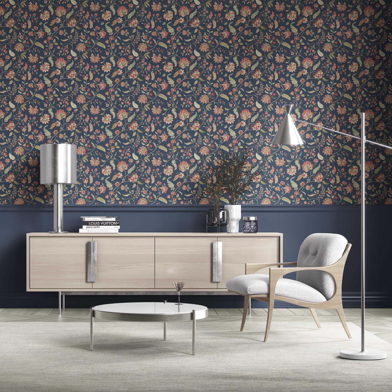 Floral/ Botanical Patterned Kitchen Wallpaper Sample (Navy Blue/ Red/ Pink/ Green)