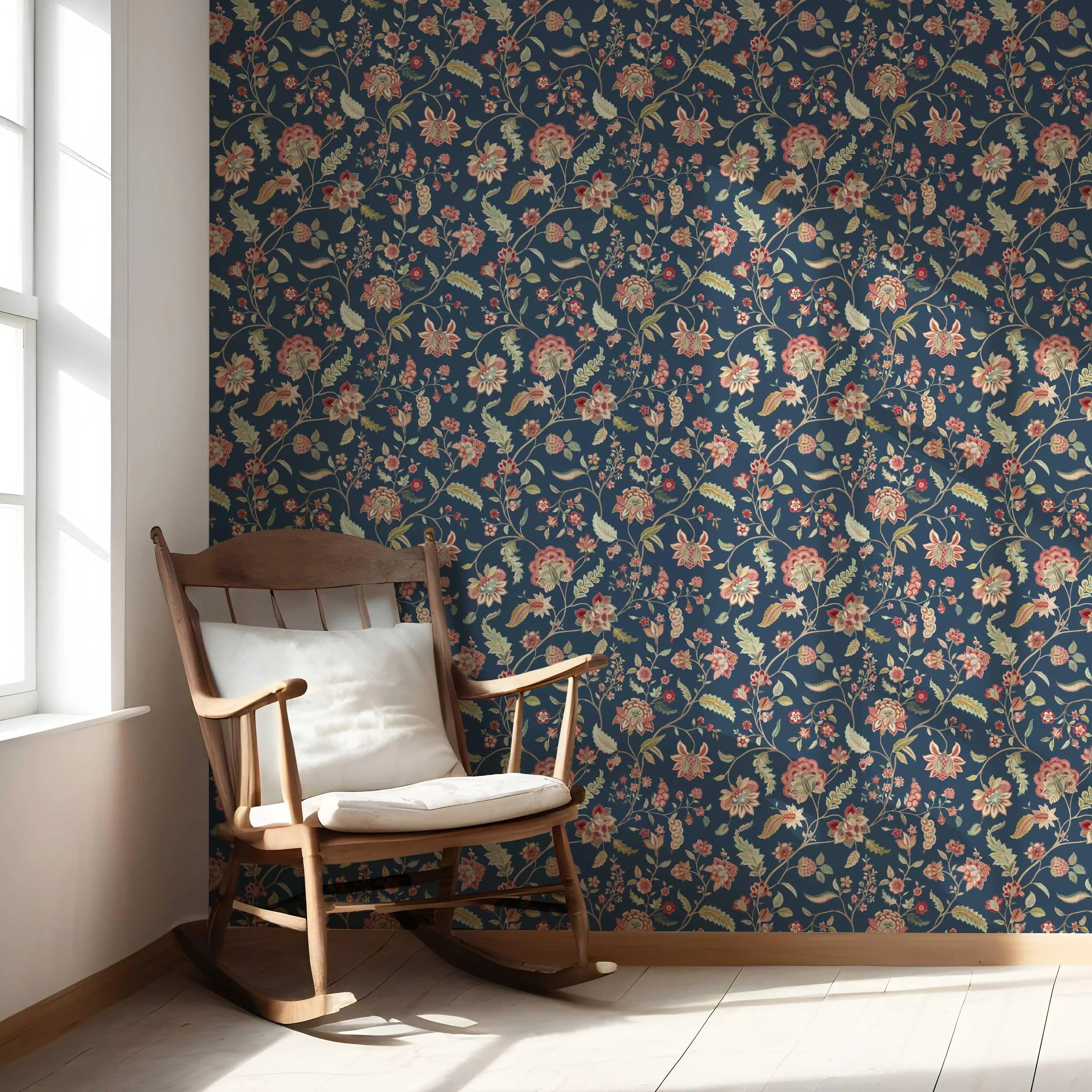 Floral/ Botanical Patterned Nursery Wallpaper Sample (Navy Blue/ Red/ Pink/ Green)