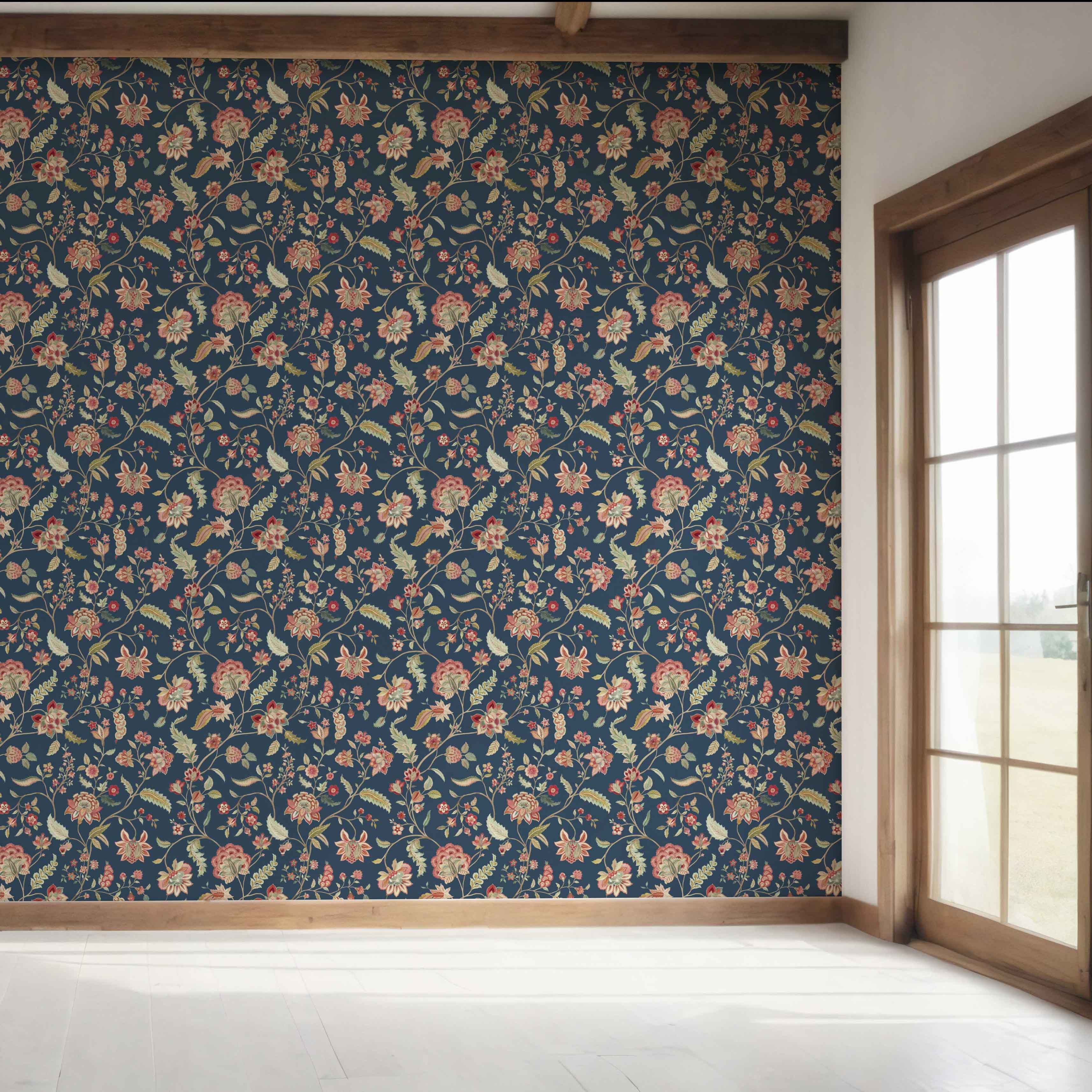 Floral/ Botanical Patterned Bedroom Wallpaper Sample (Navy Blue/ Red/ Pink/ Green)