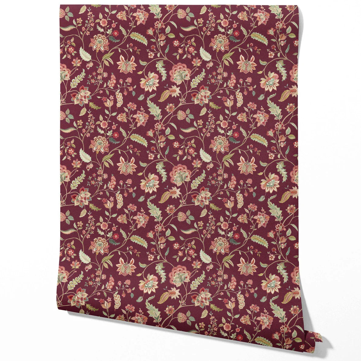 Floral/ Botanical Patterned Traditional Wallpaper (Deep Maroon/ Burgundy/ Pink/ Green)