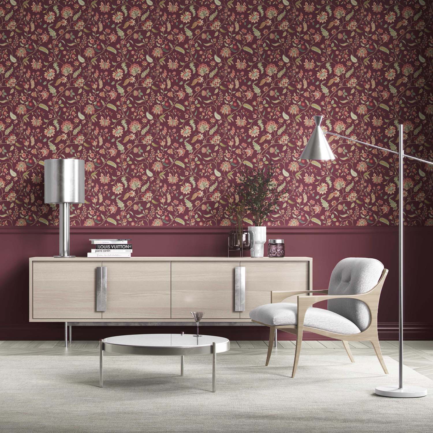 Floral/ Botanical Patterned Kitchen Wallpaper (Deep Maroon/ Burgundy/ Pink/ Green)