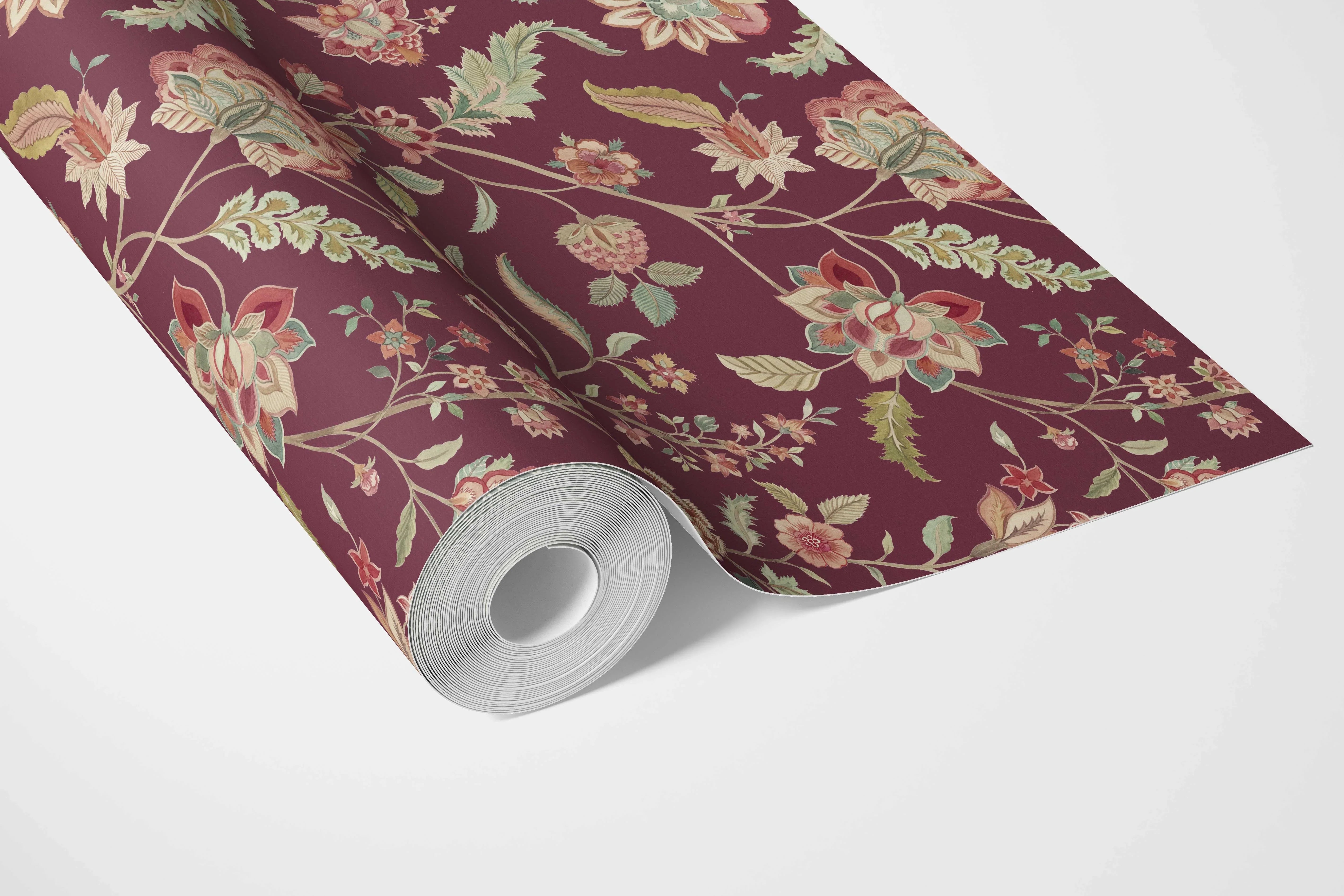 Floral/ Botanical Patterned Bathroom Wallpaper (Deep Maroon/ Burgundy/ Pink/ Green)