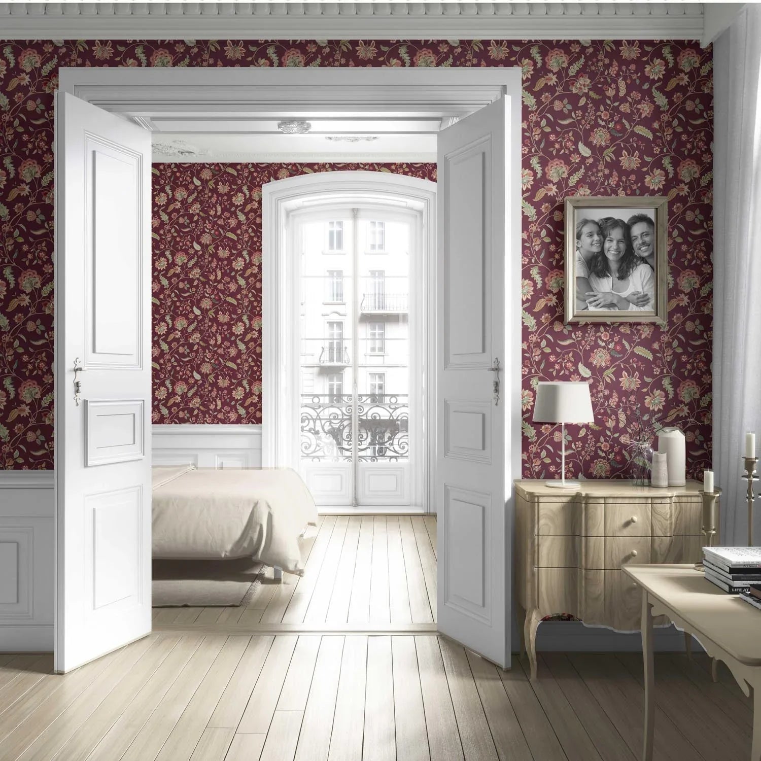 Floral/ Botanical Patterned Living Room Wallpaper (Deep Maroon/ Burgundy/ Pink/ Green)