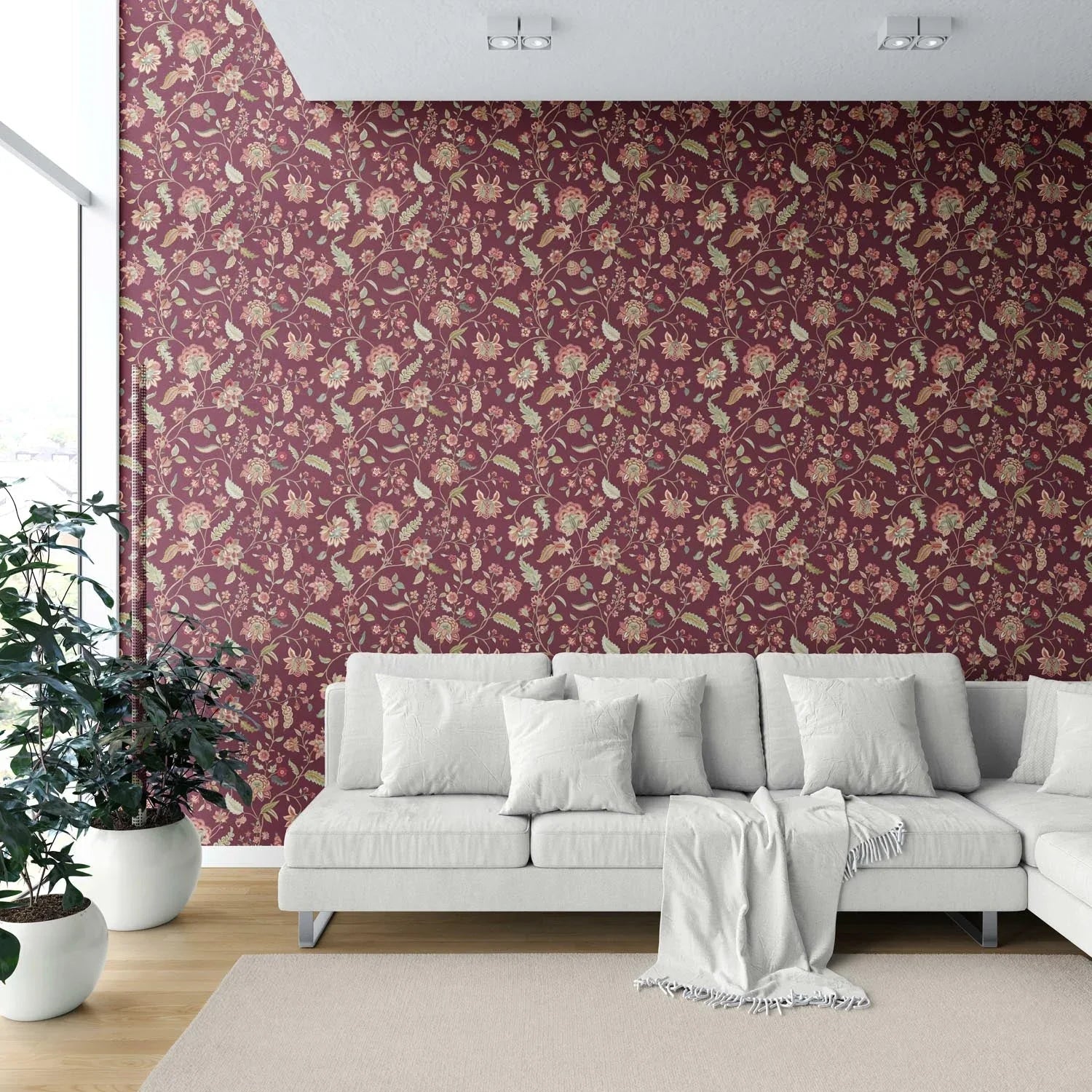 Floral/ Botanical Patterned Shower Toilet Wallpaper (Deep Maroon/ Burgundy/ Pink/ Green)