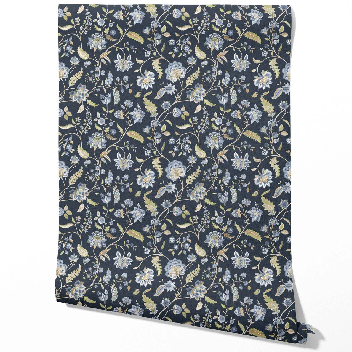 Floral/ Botanical Patterned Traditional Wallpaper Sample (Midnight Blue/ Pale Blue/ Green)