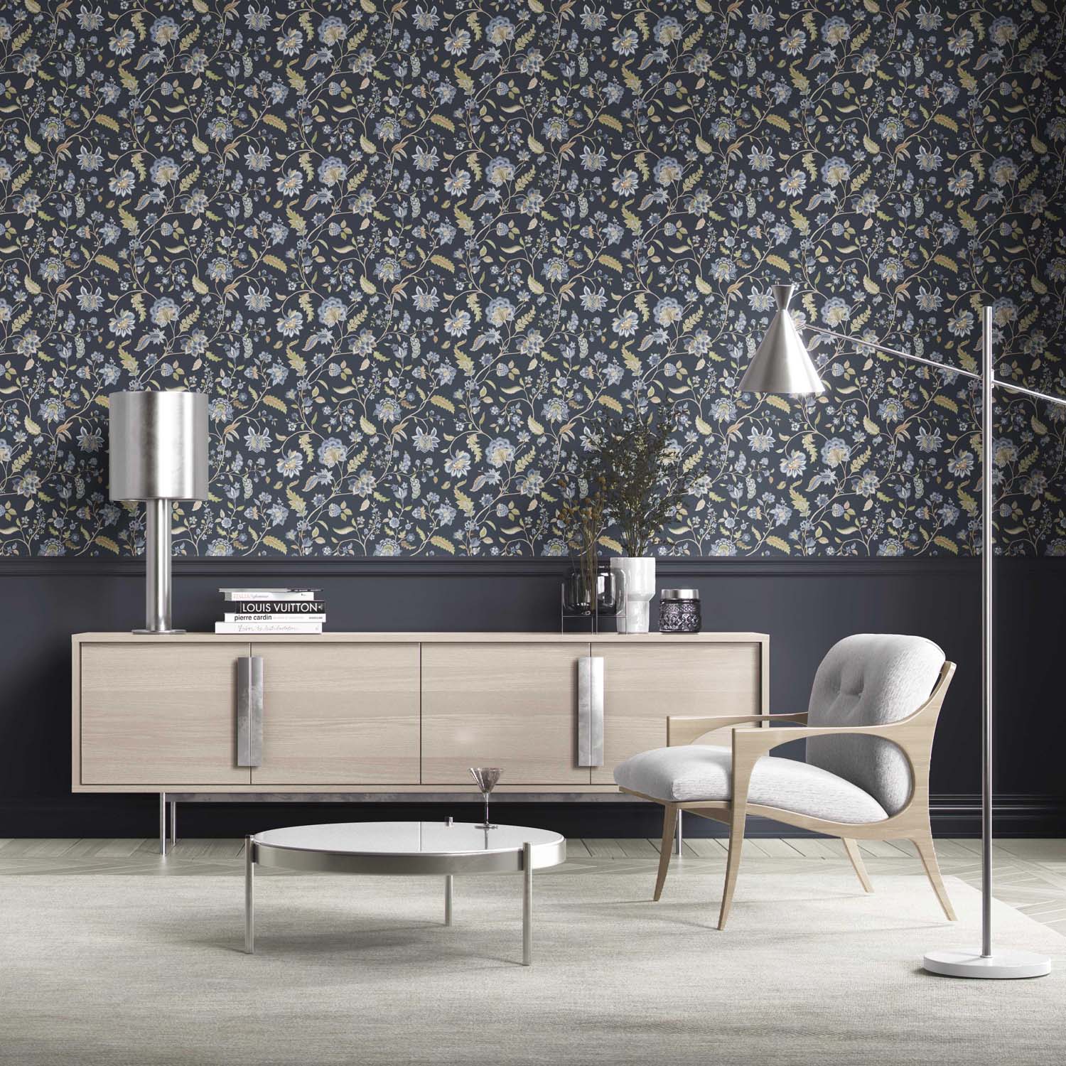 Floral/ Botanical Patterned Kitchen Wallpaper Sample (Midnight Blue/ Pale Blue/ Green)