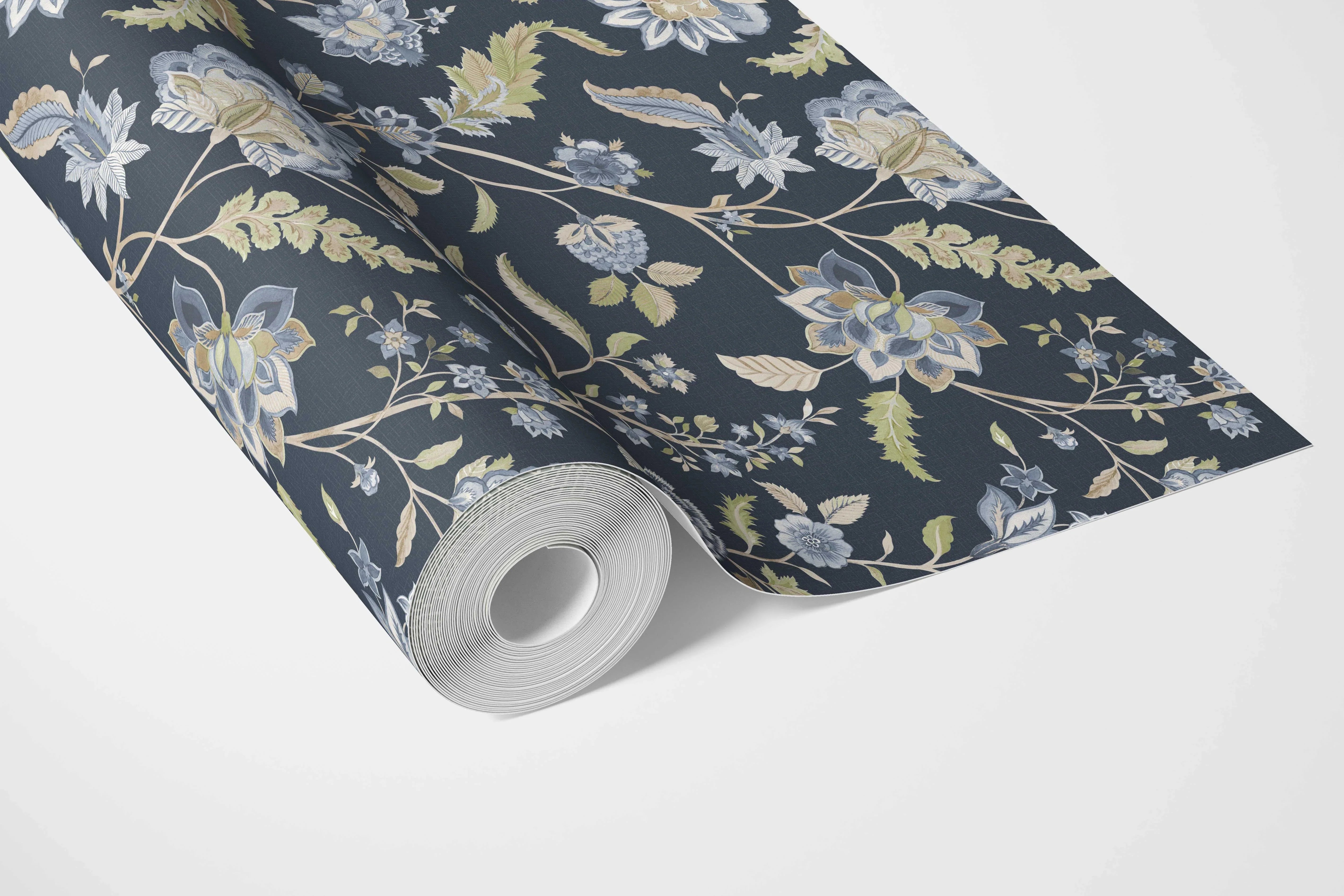 Floral/ Botanical Patterned Bathroom Wallpaper Sample (Midnight Blue/ Pale Blue/ Green)