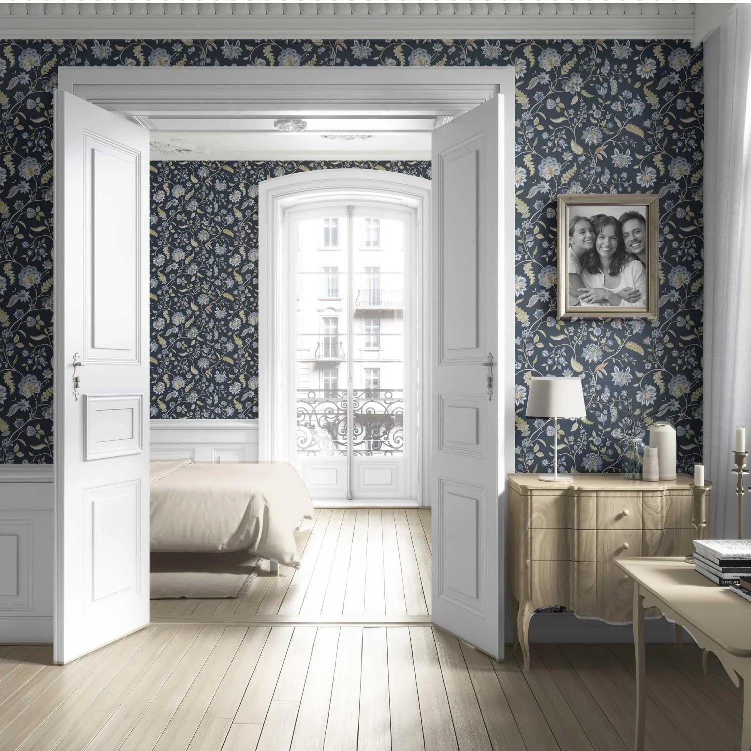 Floral/ Botanical Patterned Living Room Wallpaper Sample (Midnight Blue/ Pale Blue/ Green)