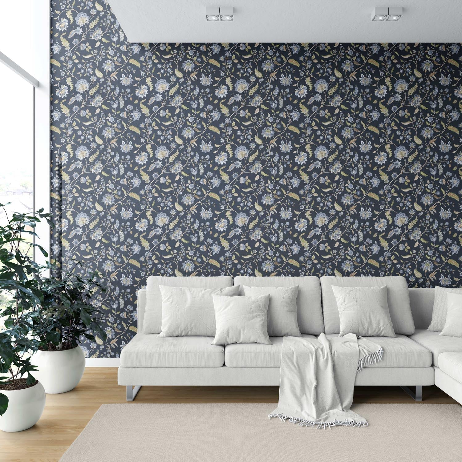 Floral/ Botanical Patterned Shower Toilet Wallpaper Sample (Midnight Blue/ Pale Blue/ Green)