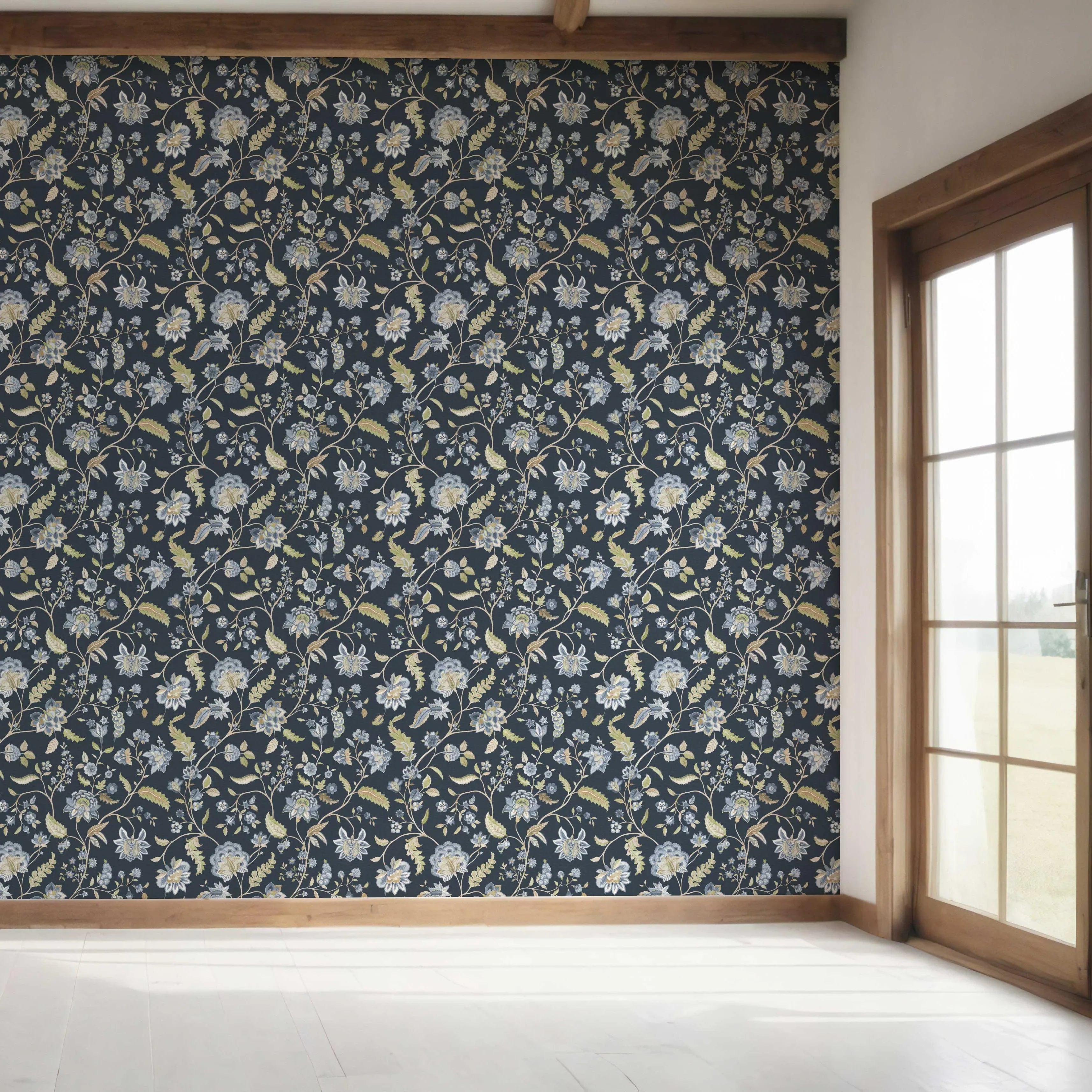 Floral/ Botanical Patterned Bedroom Wallpaper Sample (Midnight Blue/ Pale Blue/ Green)