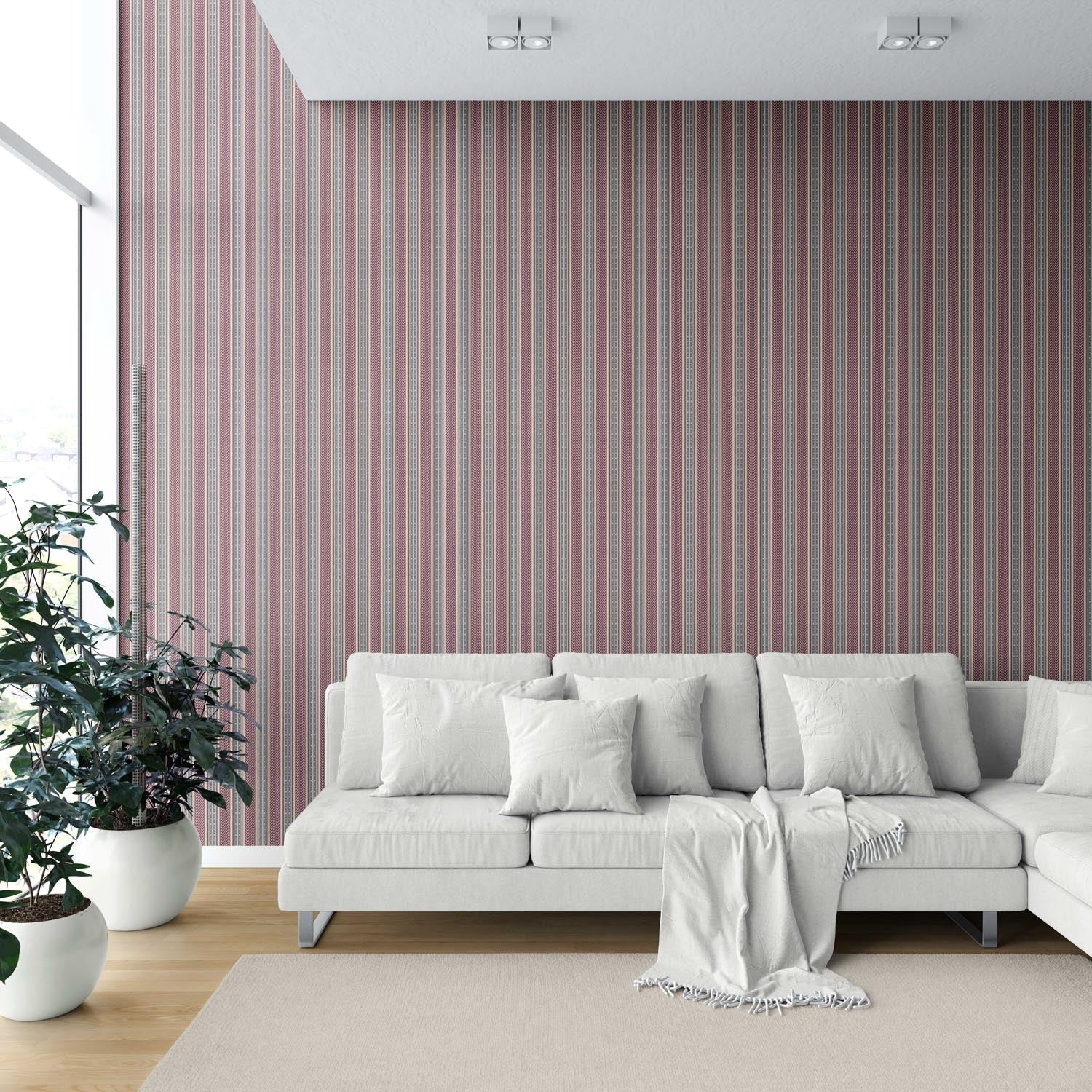 Geometric Striped Kitchen Wallpaper (Mauve/ Pink/ Sage Gray)
