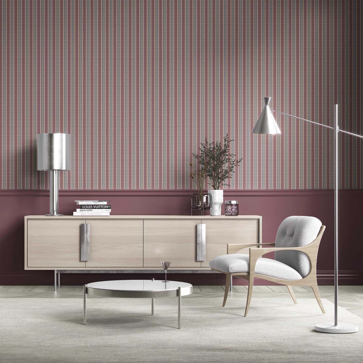 Geometric Striped Living Room Wallpaper (Mauve/ Pink/ Sage Gray)