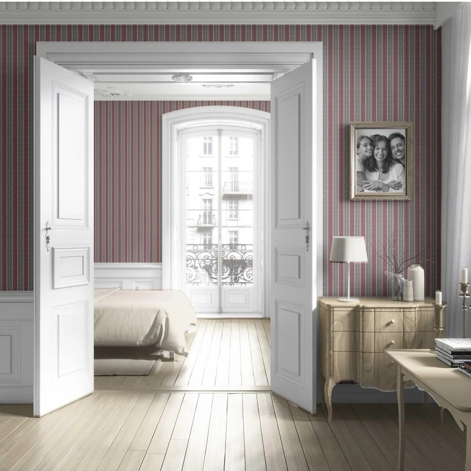Geometric Striped Nursery Wallpaper (Mauve/ Pink/ Sage Gray)