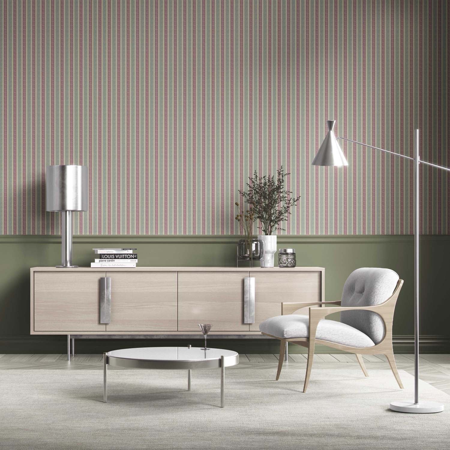 Geometric Striped Living Room Wallpaper Sample (Deep Pink/ Green)