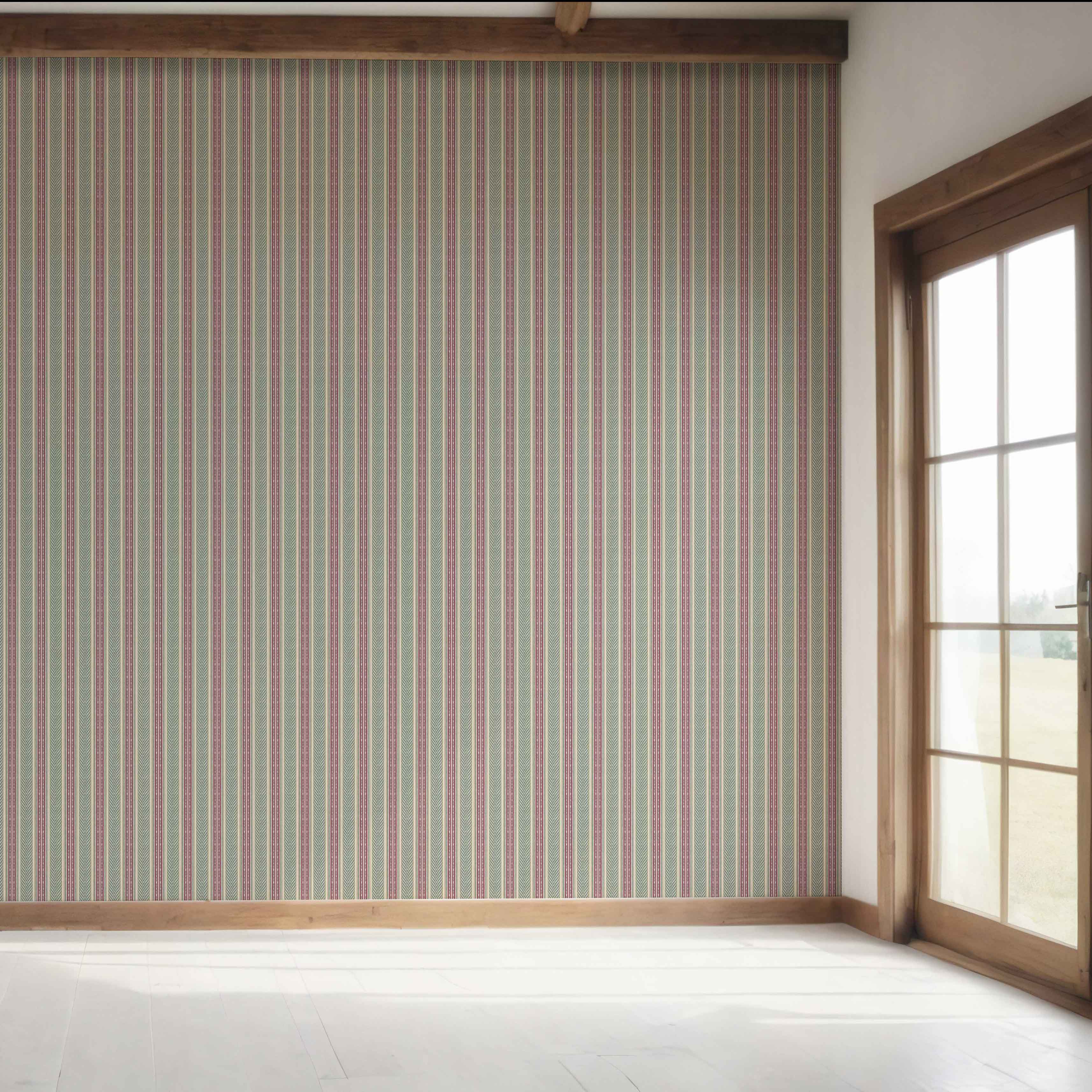 Geometric Striped Bedroom Wallpaper Sample (Deep Pink/ Green)