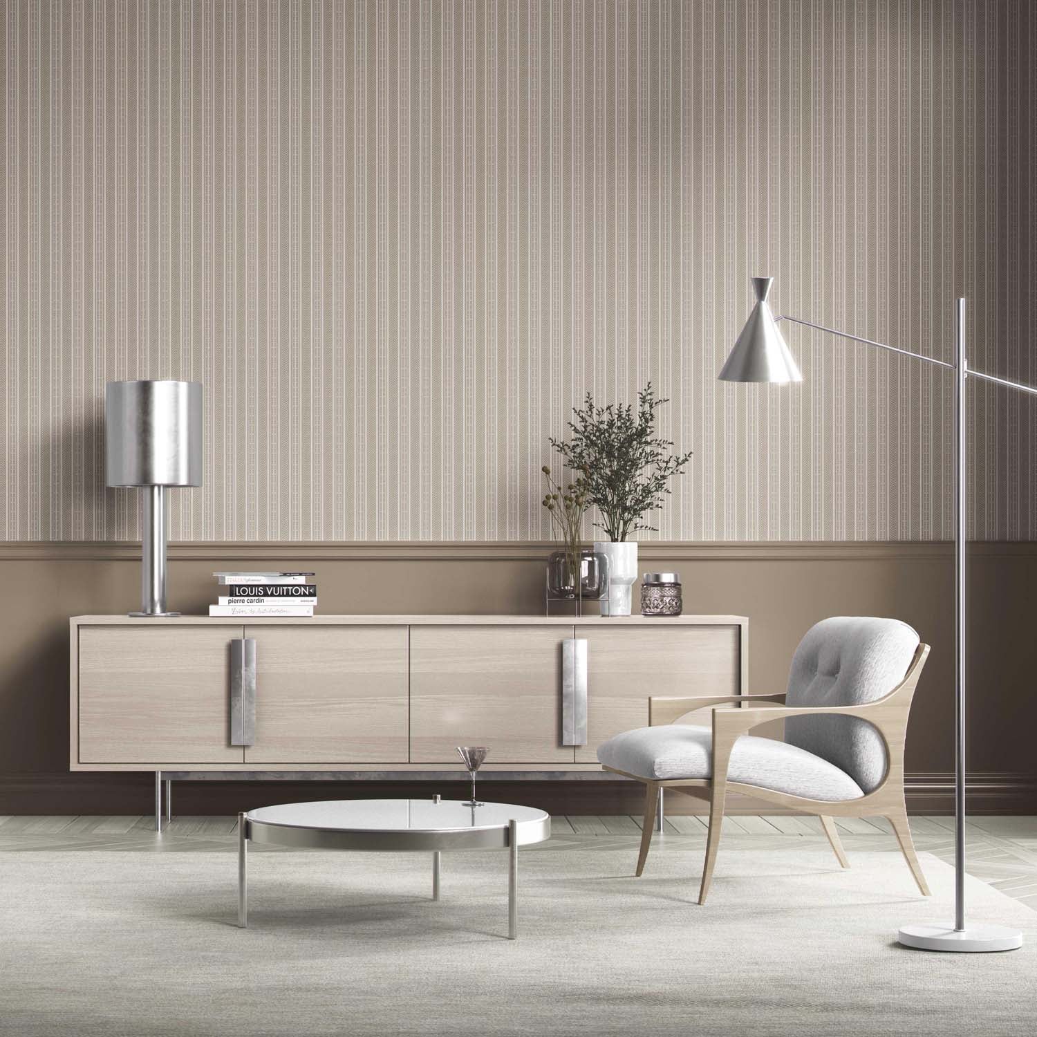 Neutral Geometric Striped Living Room Wallpaper Sample (Beige/ Brown/ Taupe)