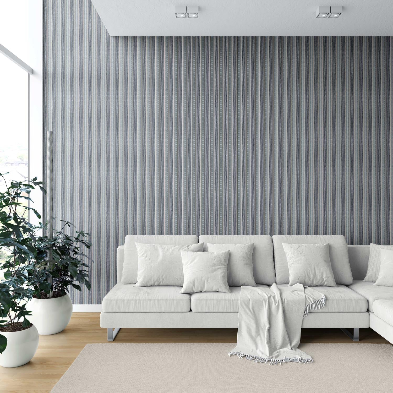 Geometric Striped Kitchen Wallpaper Sample (Navy Blue/ Steel Gray)