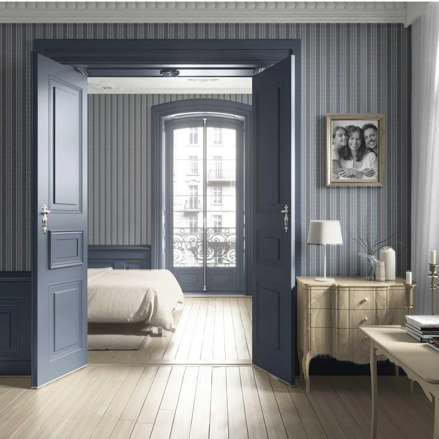 Geometric Striped Nursery Wallpaper Sample (Navy Blue/ Steel Gray)