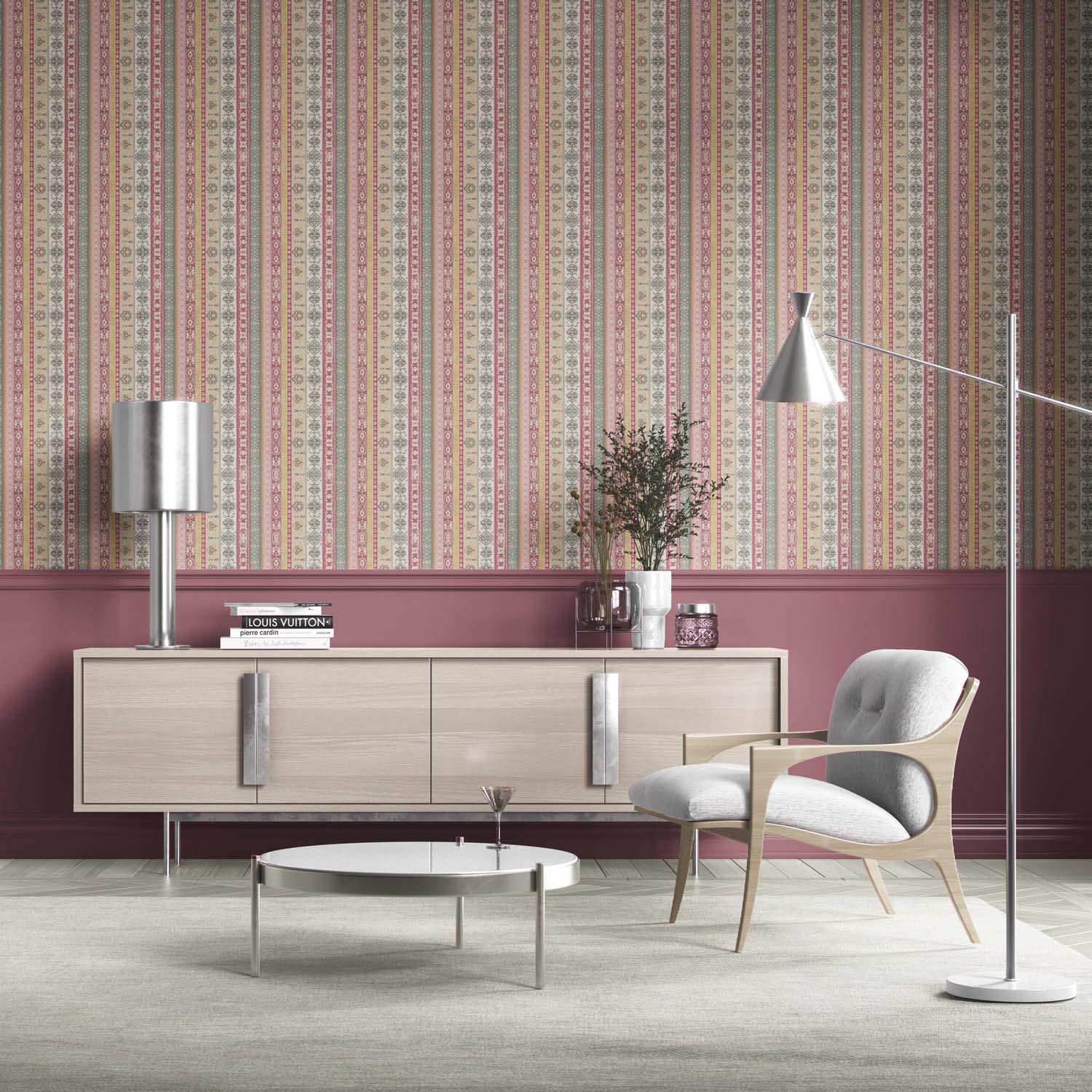 Vintage Bohemian Striped Kitchen Wallpaper (Pink/ Red/ Green/ Yellow)