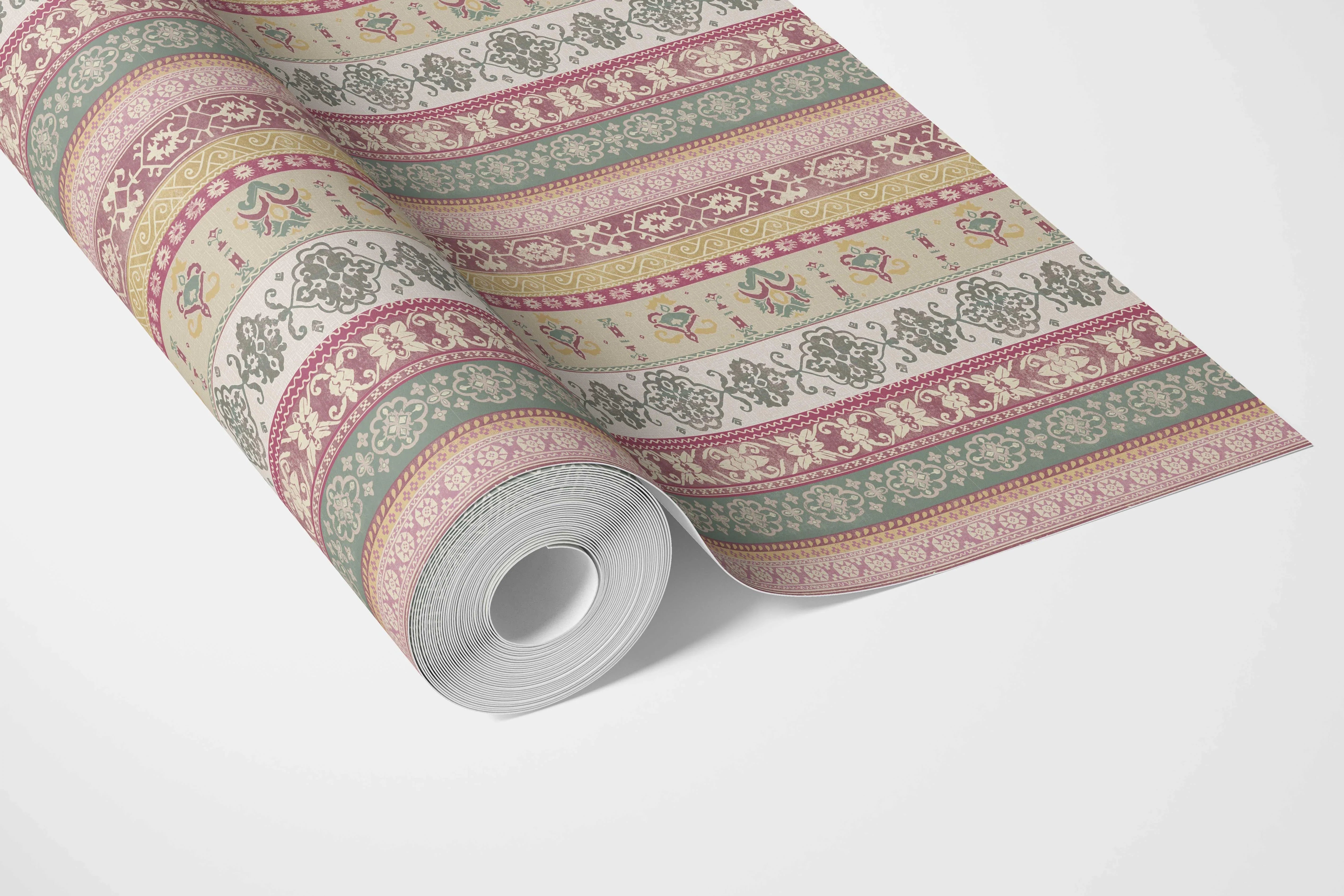 Vintage Bohemian Striped Bathroom Wallpaper (Pink/ Red/ Green/ Yellow)