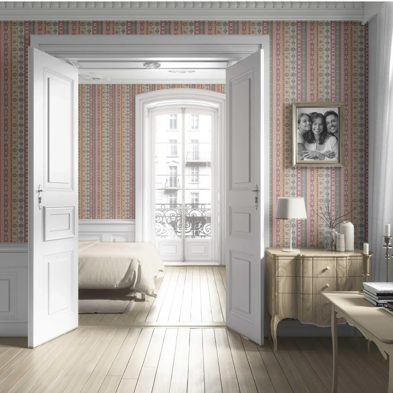Vintage Bohemian Striped Living Room Wallpaper (Pink/ Red/ Green/ Yellow)