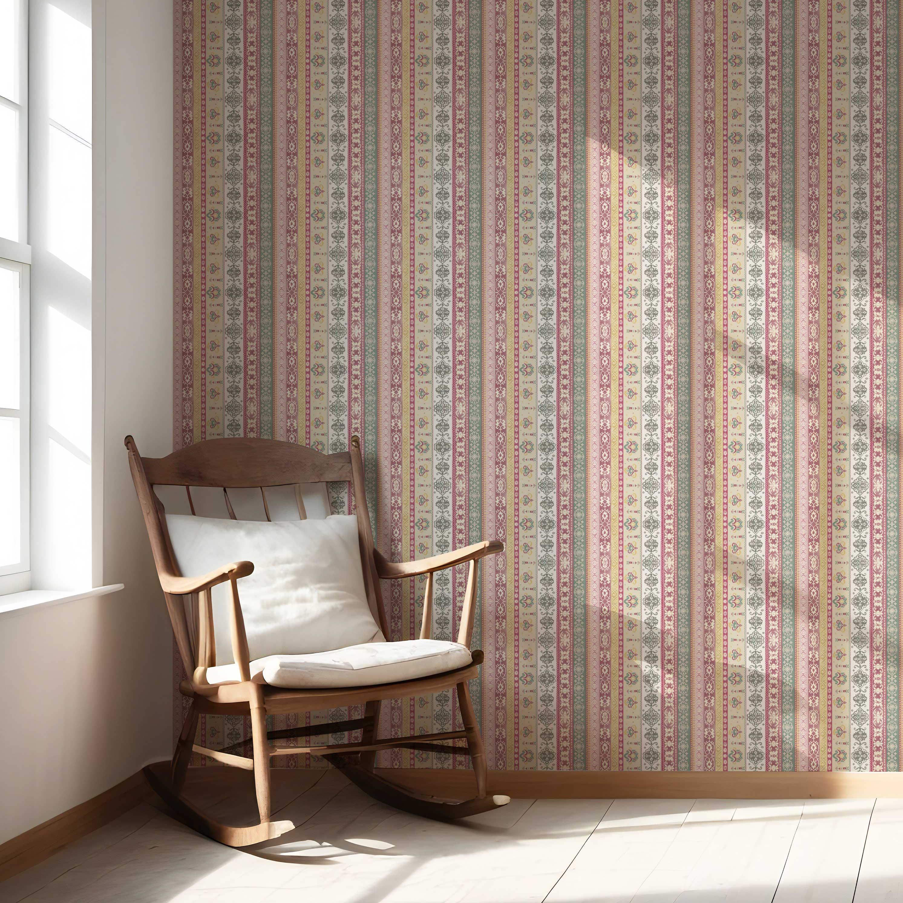 Vintage Bohemian Striped Nursery Wallpaper (Pink/ Red/ Green/ Yellow)