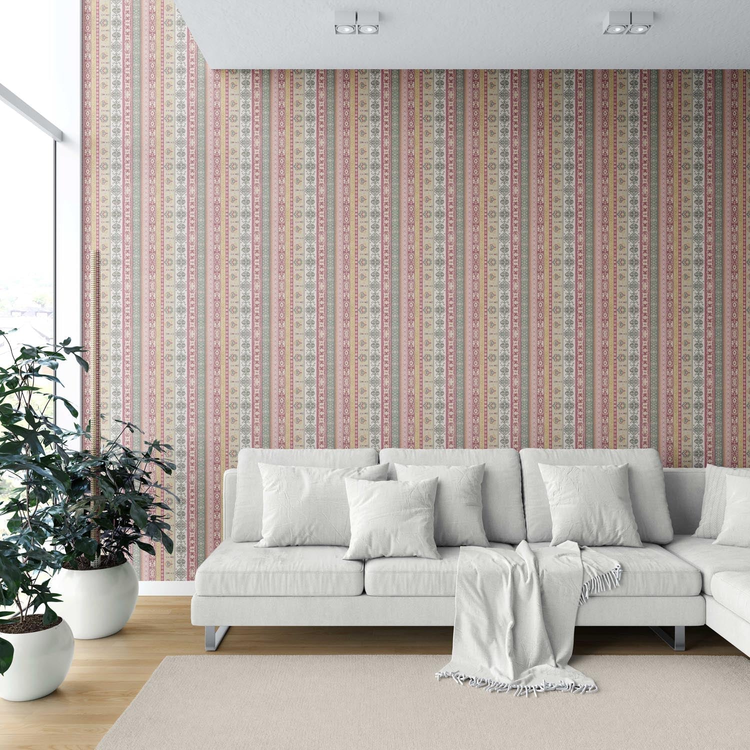 Vintage Bohemian Striped Shower Toilet Wallpaper (Pink/ Red/ Green/ Yellow)