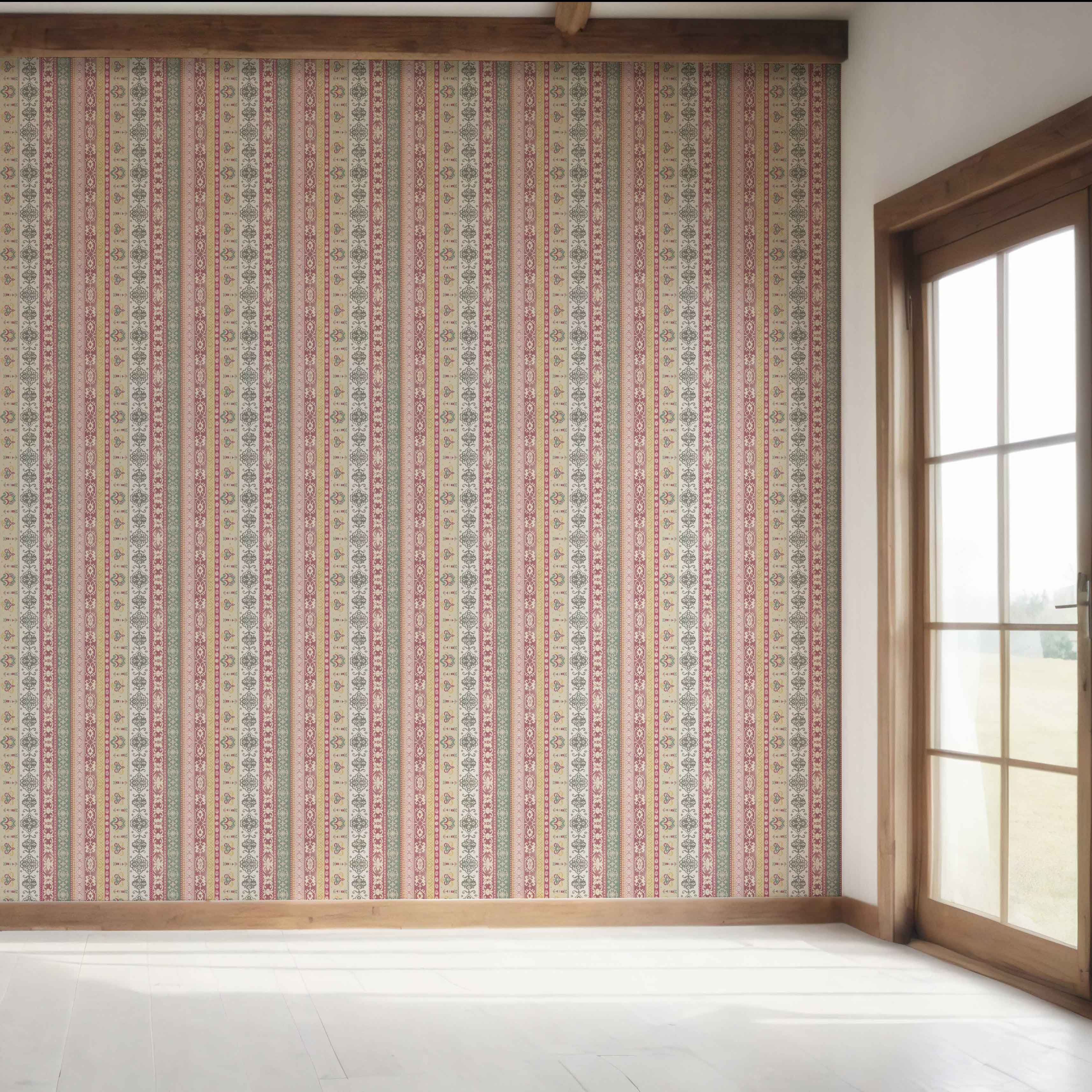Vintage Bohemian Striped Bedroom Wallpaper (Pink/ Red/ Green/ Yellow)