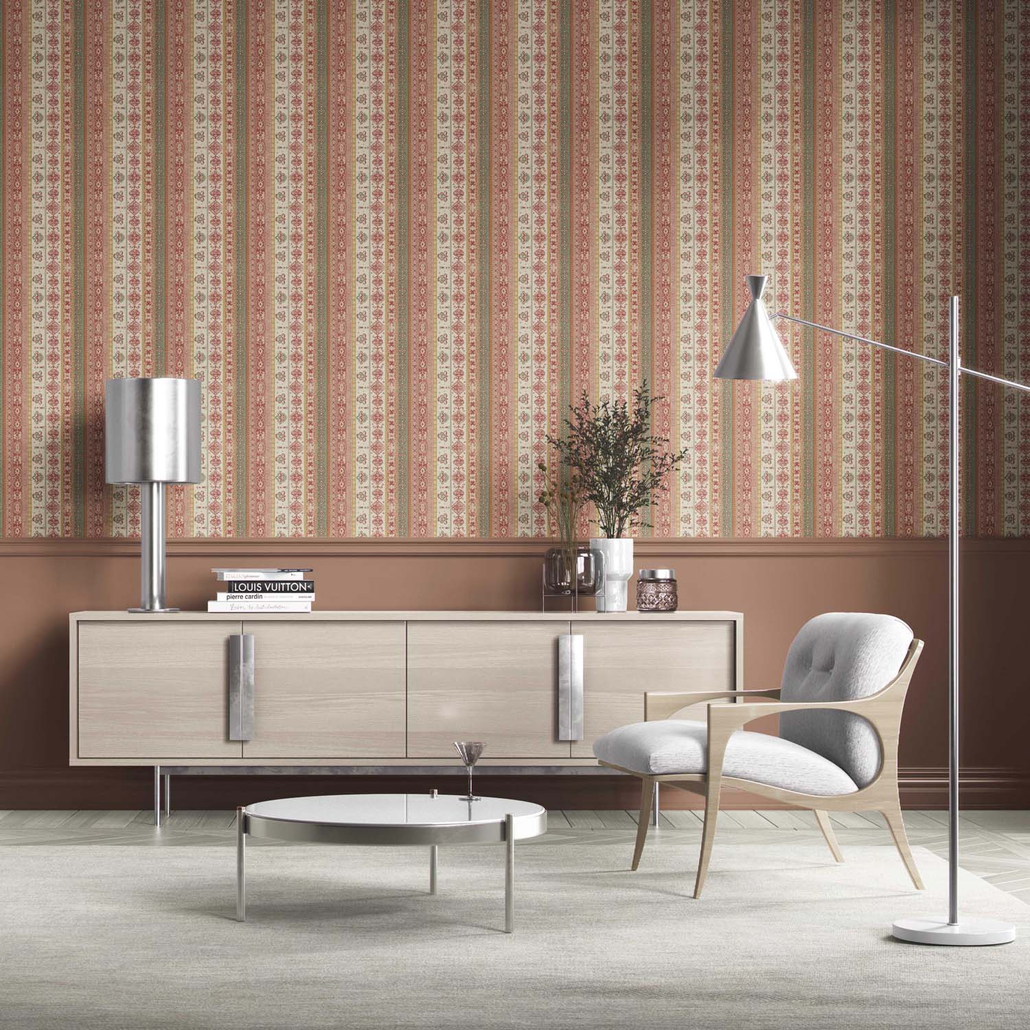 Vintage Bohemian Striped Kitchen Wallpaper (Red/ Orange/ Green/ Yellow/ Brown)