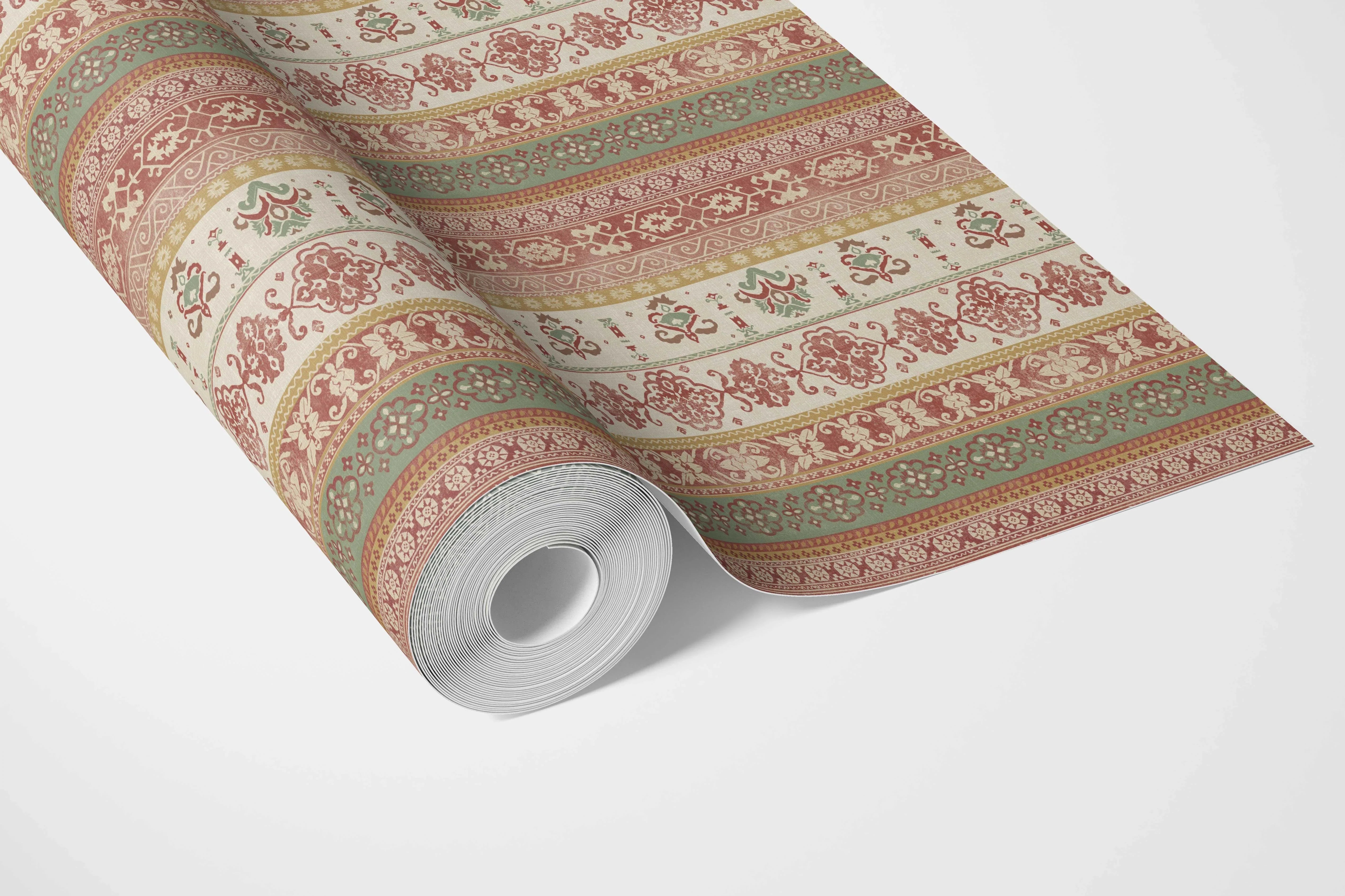 Vintage Bohemian Striped Bathroom Wallpaper (Red/ Orange/ Green/ Yellow/ Brown)