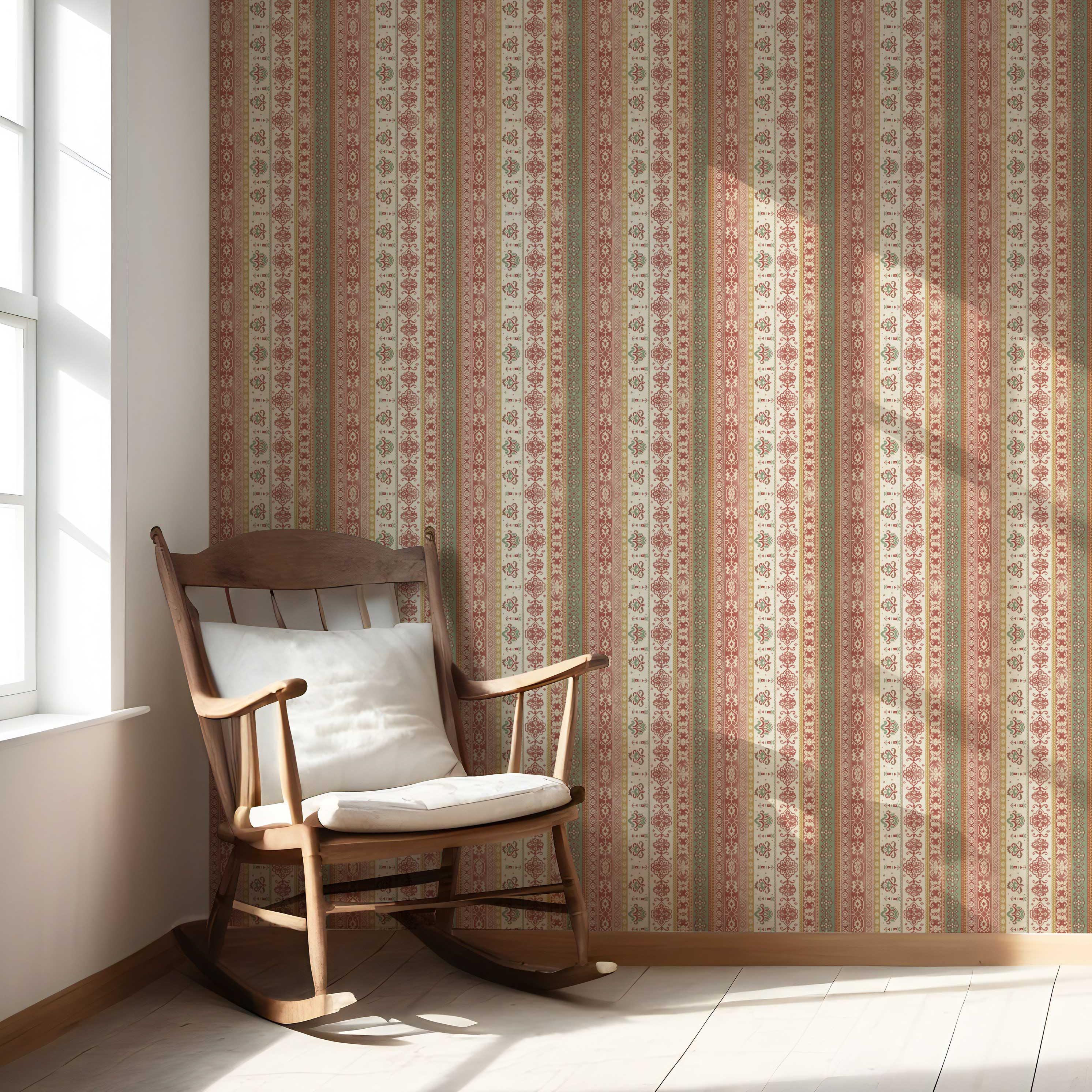 Vintage Bohemian Striped Nursery Wallpaper (Red/ Orange/ Green/ Yellow/ Brown)