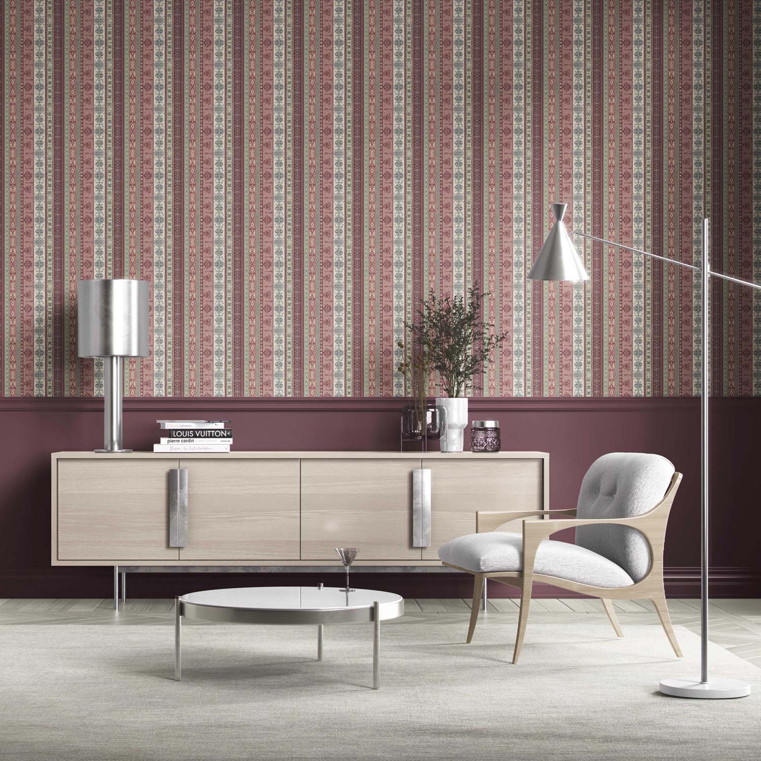 Vintage Bohemian Striped Kitchen Wallpaper (Purple/ Pink/ Mauve/ Sage Green)