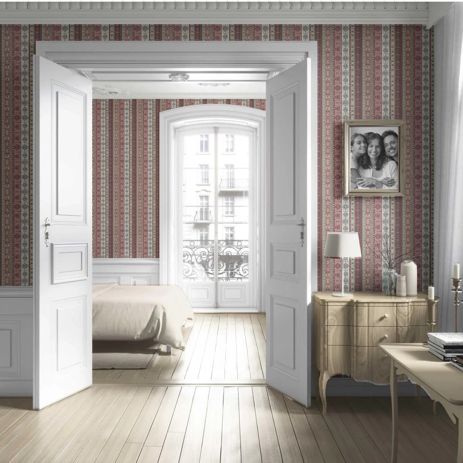 Vintage Bohemian Striped Living Room Wallpaper (Purple/ Pink/ Mauve/ Sage Green)