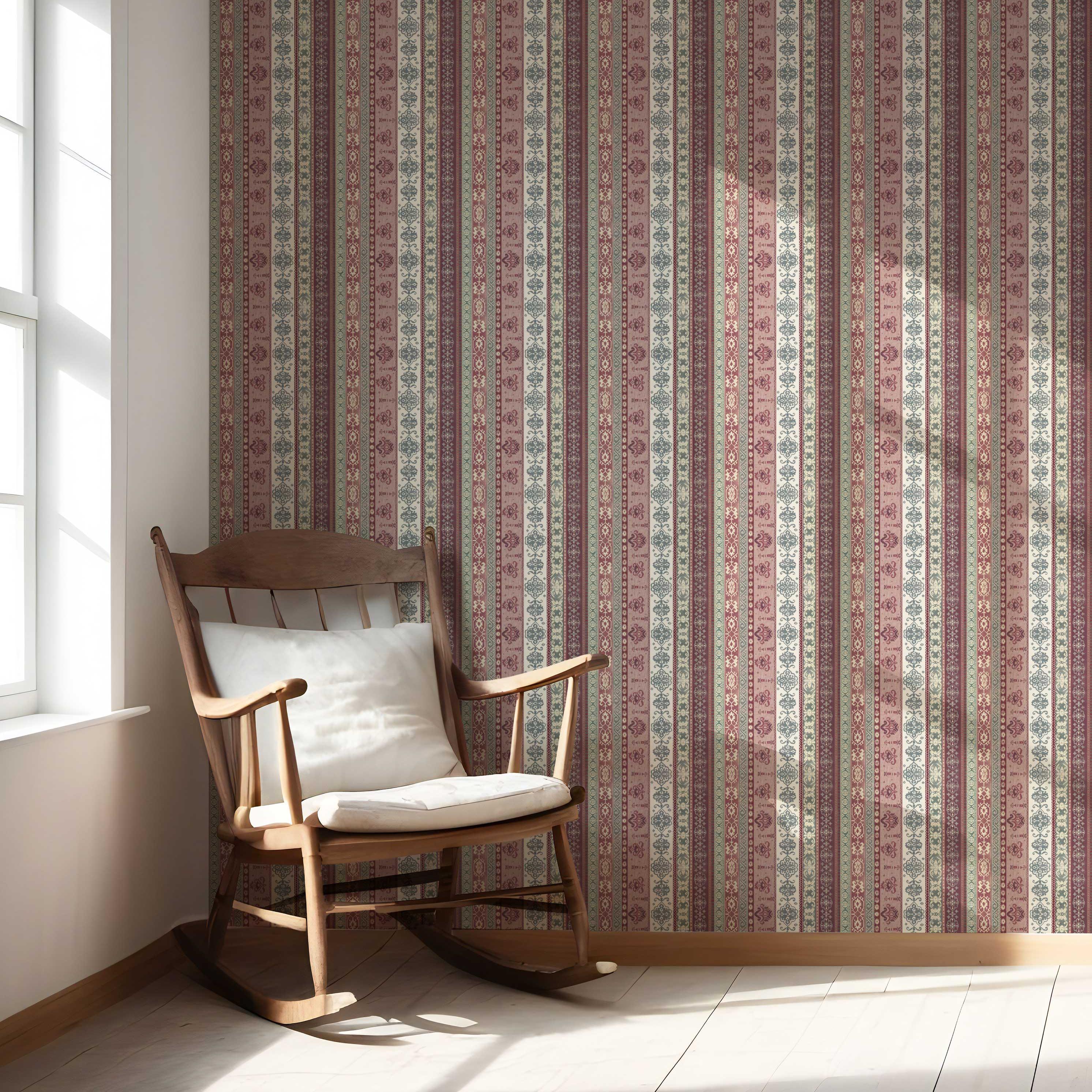 Vintage Bohemian Striped Nursery Wallpaper (Purple/ Pink/ Mauve/ Sage Green)