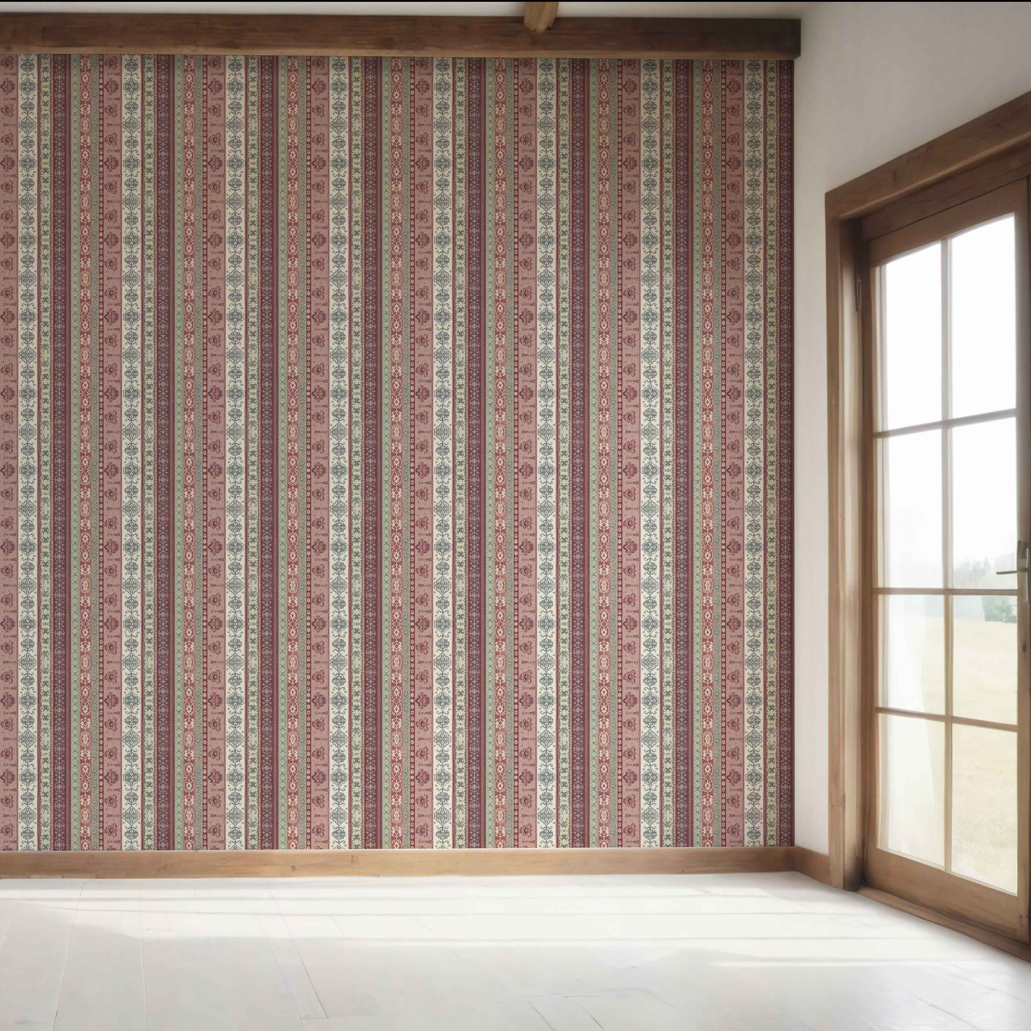 Vintage Bohemian Striped Bedroom Wallpaper (Purple/ Pink/ Mauve/ Sage Green)