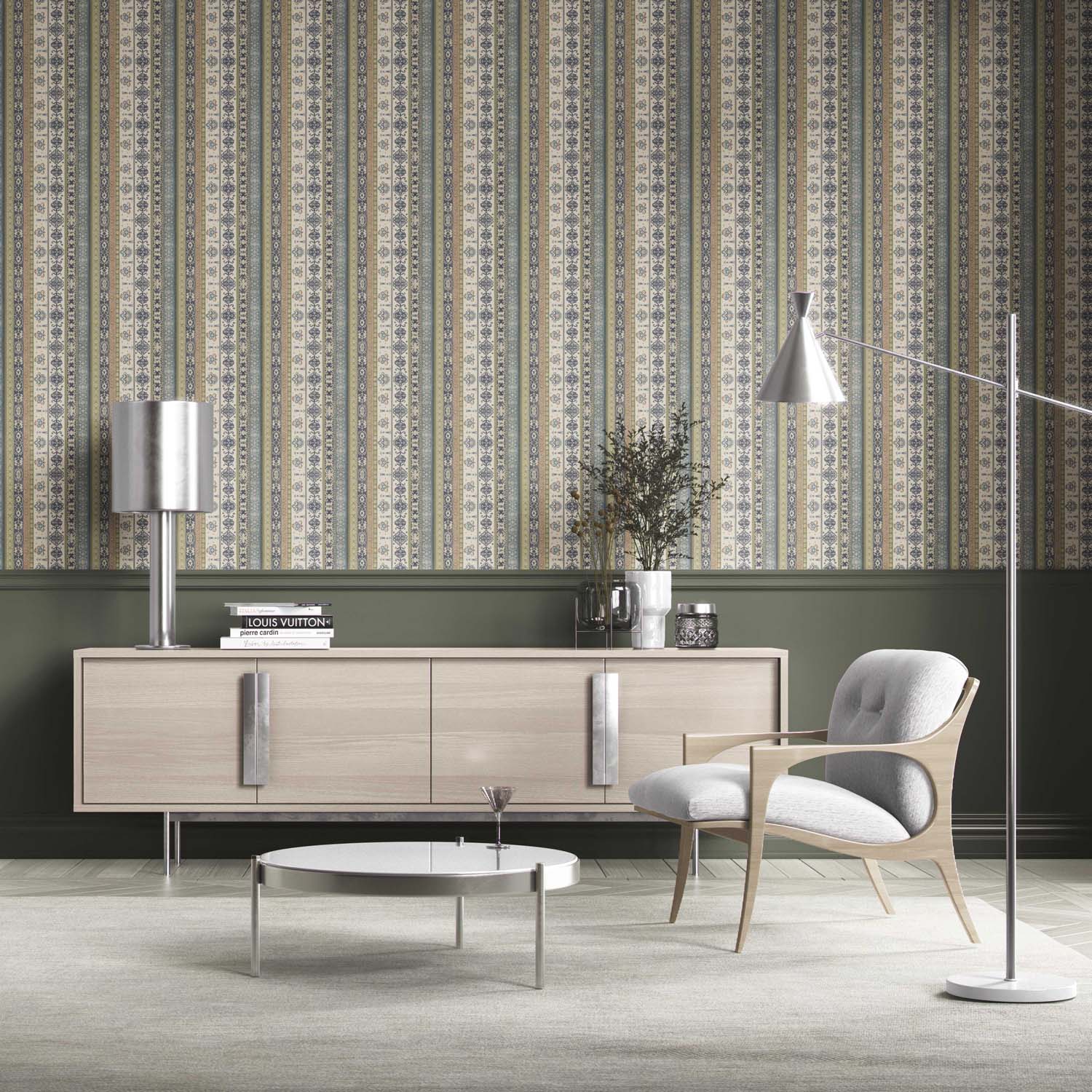 Vintage Bohemian Striped Kitchen Wallpaper (Navy Blue/ Olive Green/ Gray/ Brown)