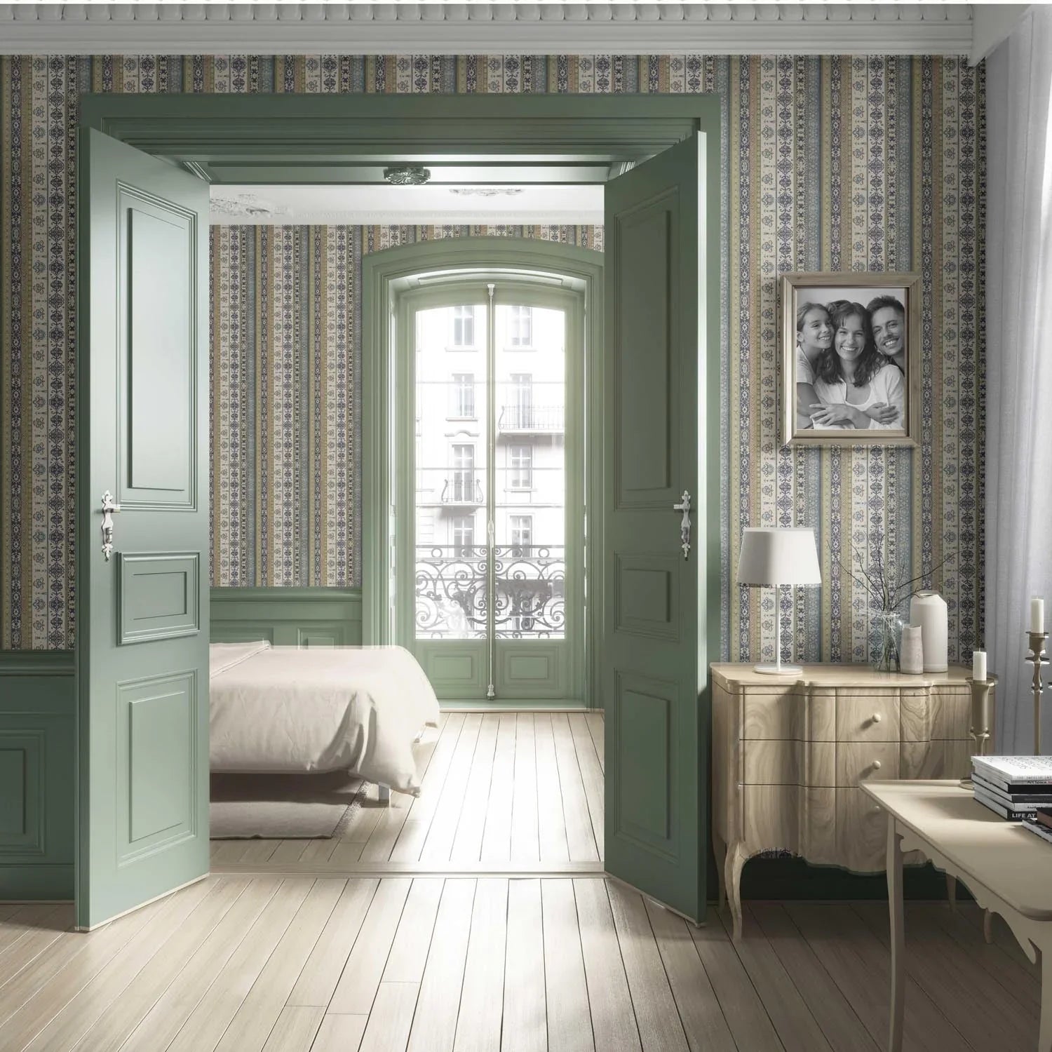 Vintage Bohemian Striped Living Room Wallpaper (Navy Blue/ Olive Green/ Gray/ Brown)