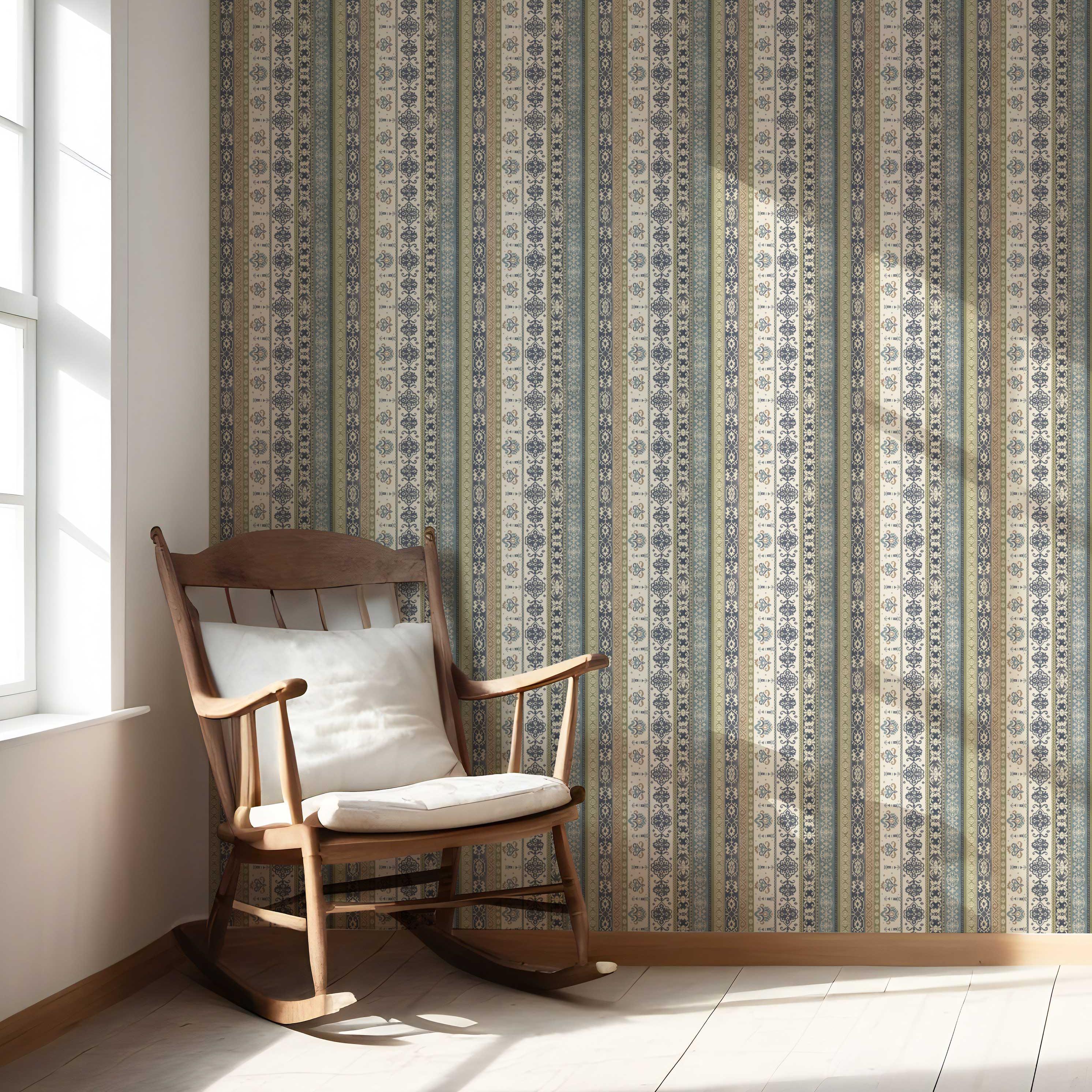 Vintage Bohemian Striped Nursery Wallpaper (Navy Blue/ Olive Green/ Gray/ Brown)