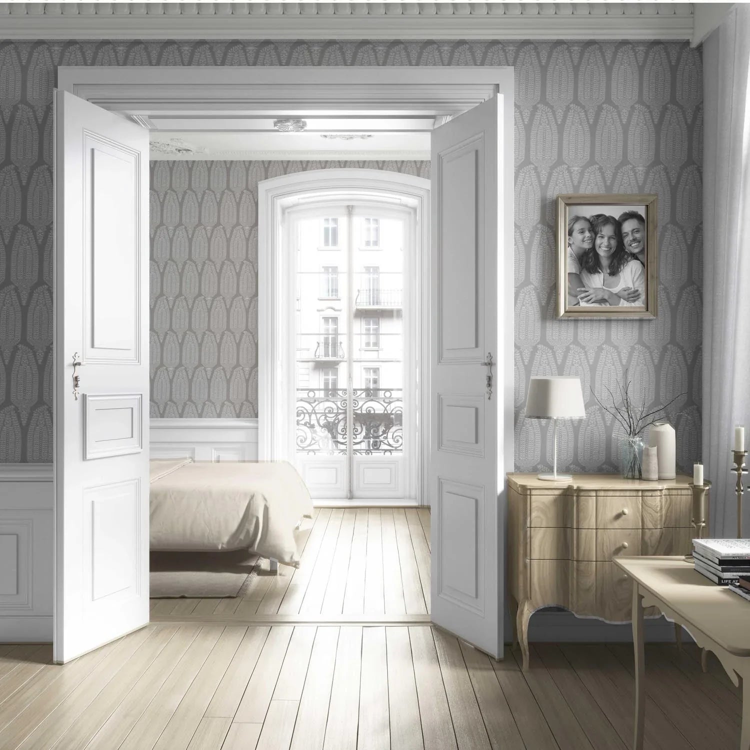 Neutral Paisley Floral Living Room Wallpaper Sample (Gray/ White)
