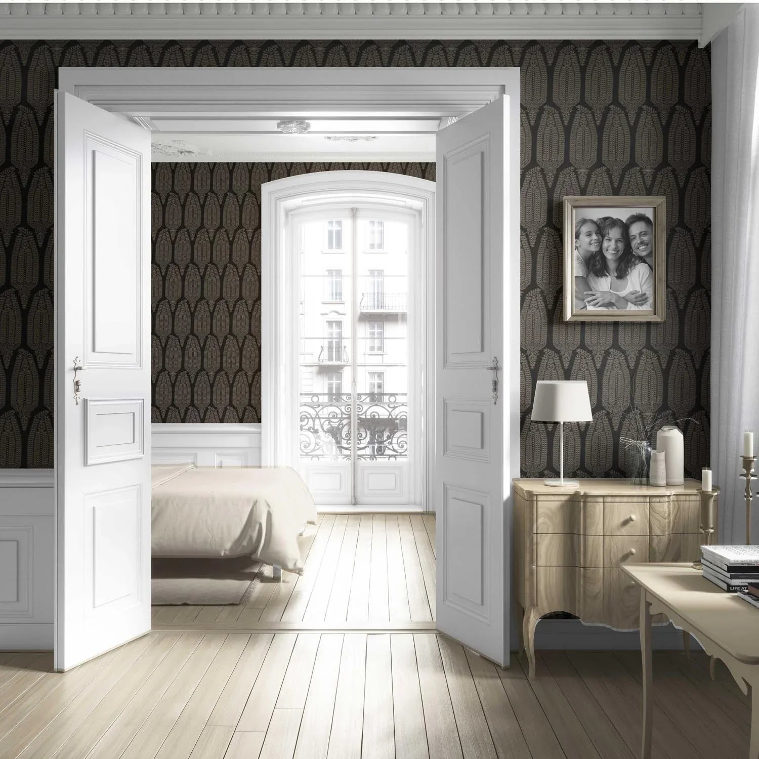 Neutral Paisley Floral Living Room Wallpaper Sample (Black/ Beige)