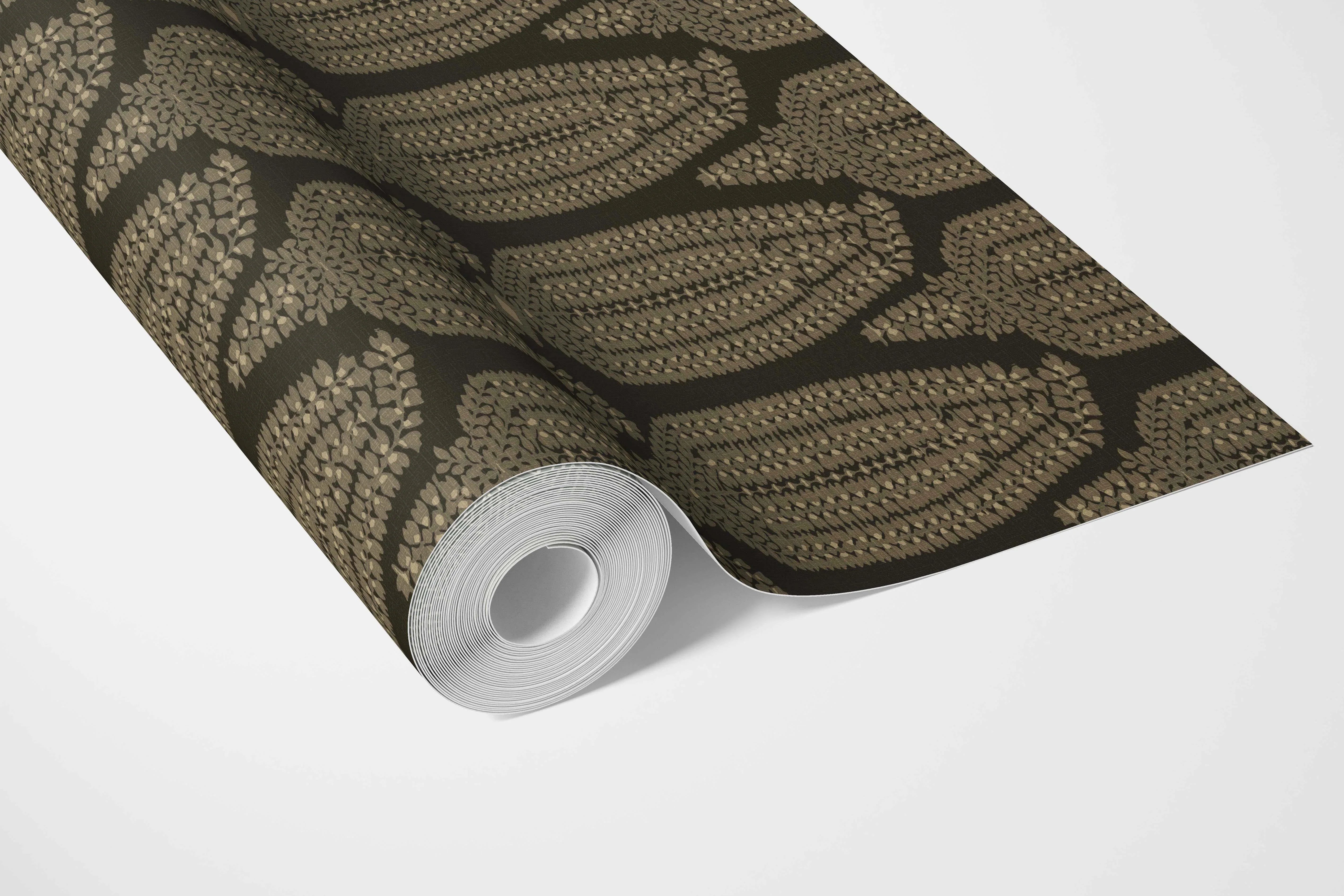 Paisley Floral Bathroom Wallpaper (Brown/ Olive Green/ Gold)