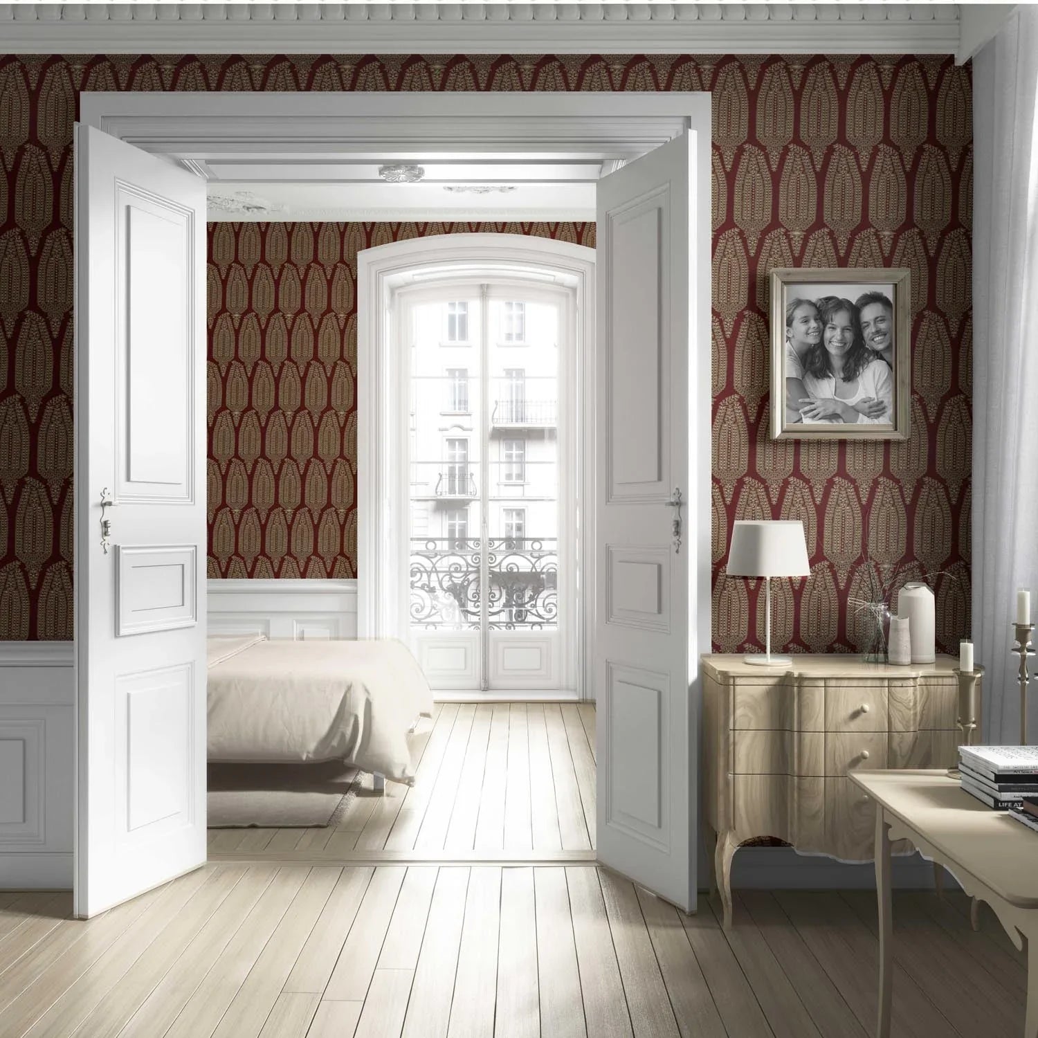 Paisley Floral Living Room Wallpaper (Red/ Gold)
