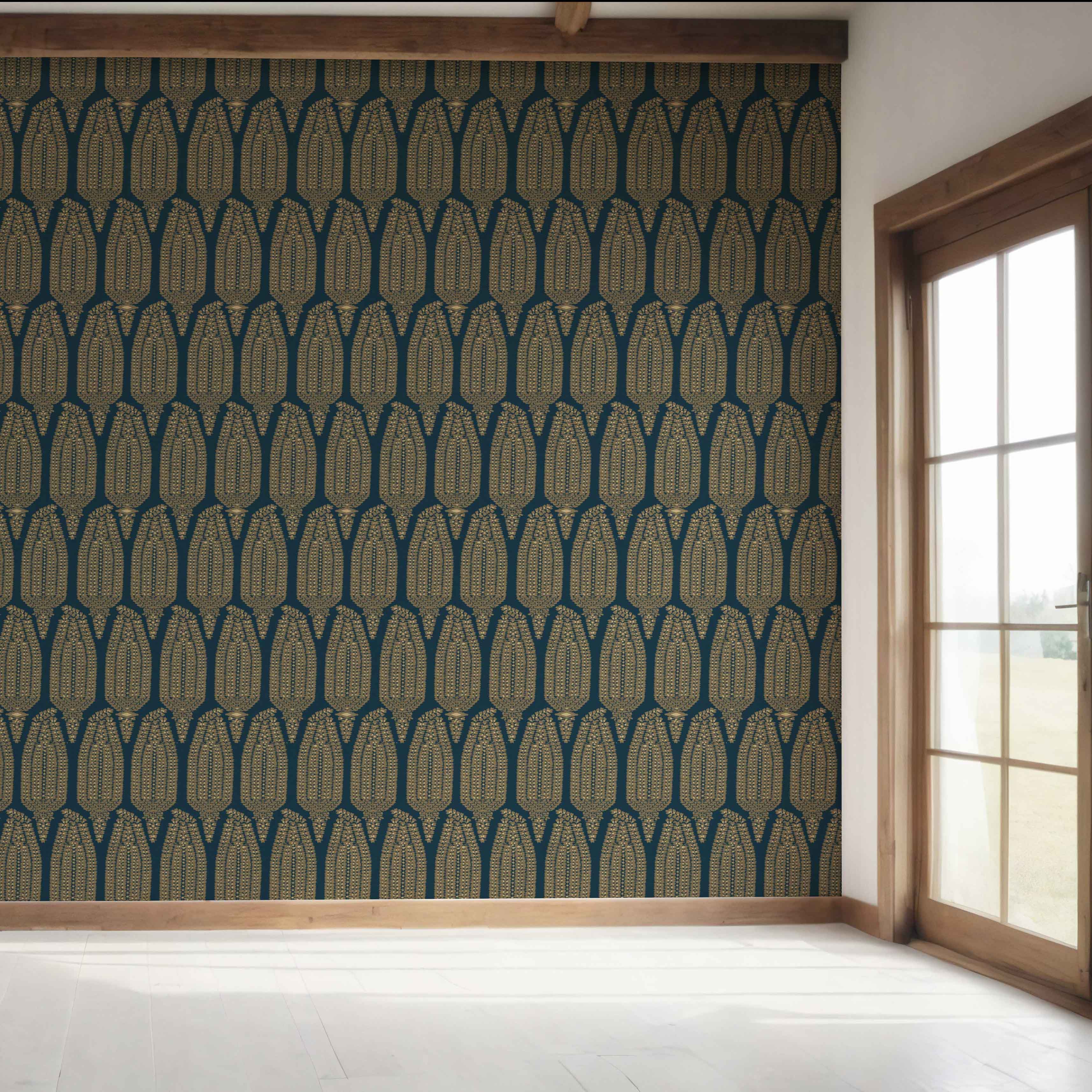 Paisley Floral Bedroom Wallpaper Sample (Teal Blue/ Gold)