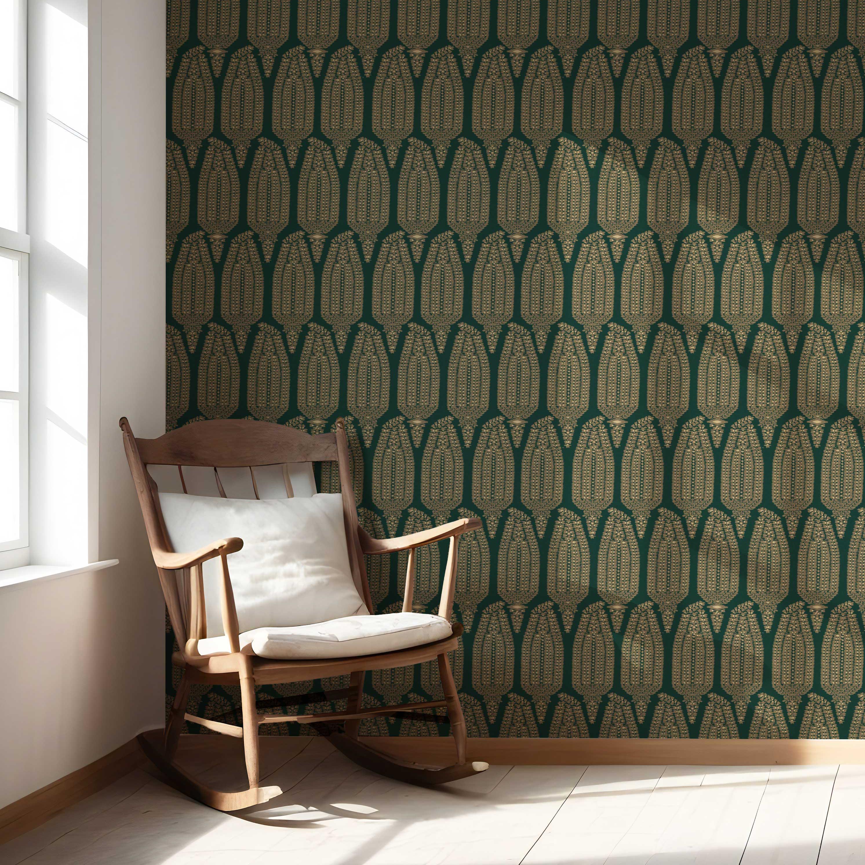 Paisley Floral Nursery Wallpaper Sample (Green/ Gold)