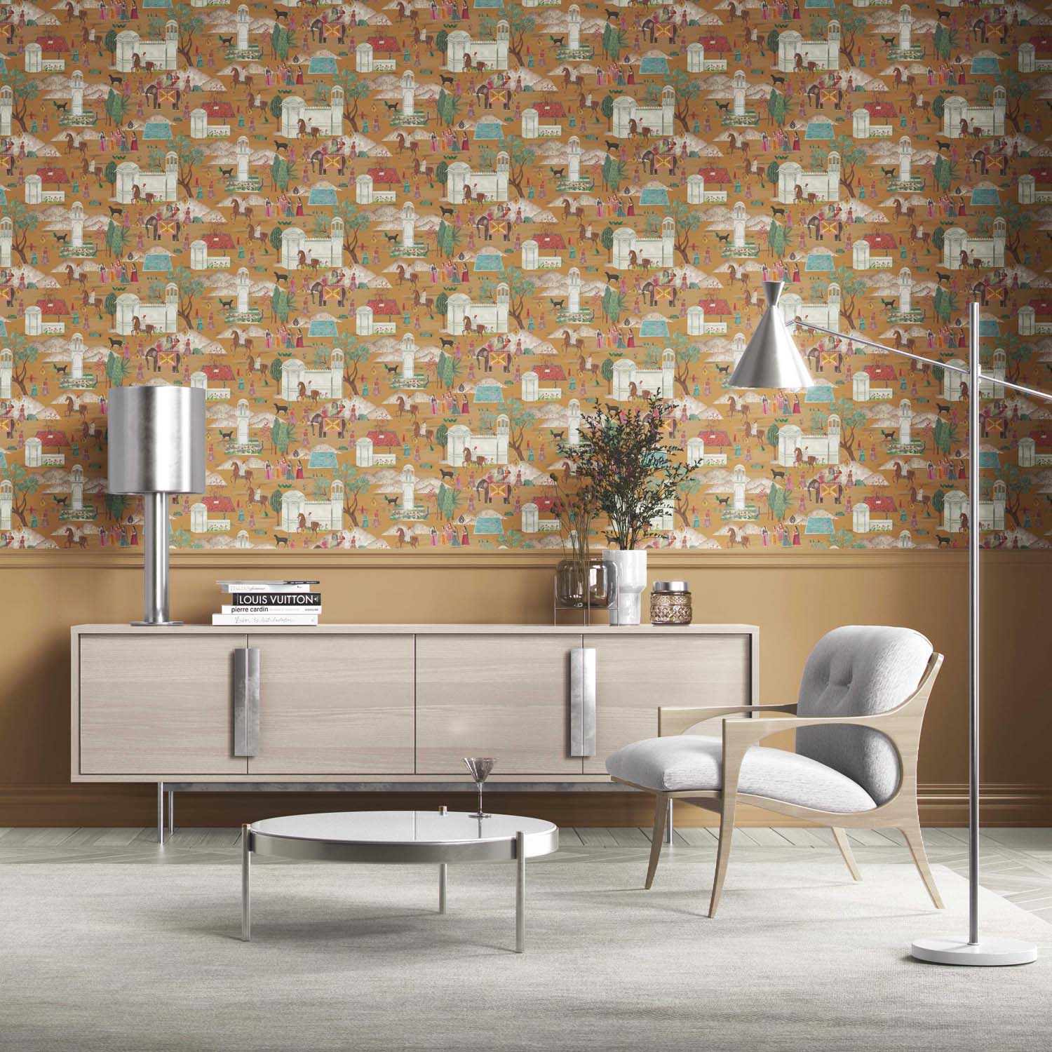 Ethnic/ Heritage/ Horses & Castles Print Kitchen Wallpaper Sample (Yellow/ Red/ Green/ Blue/ Pink)