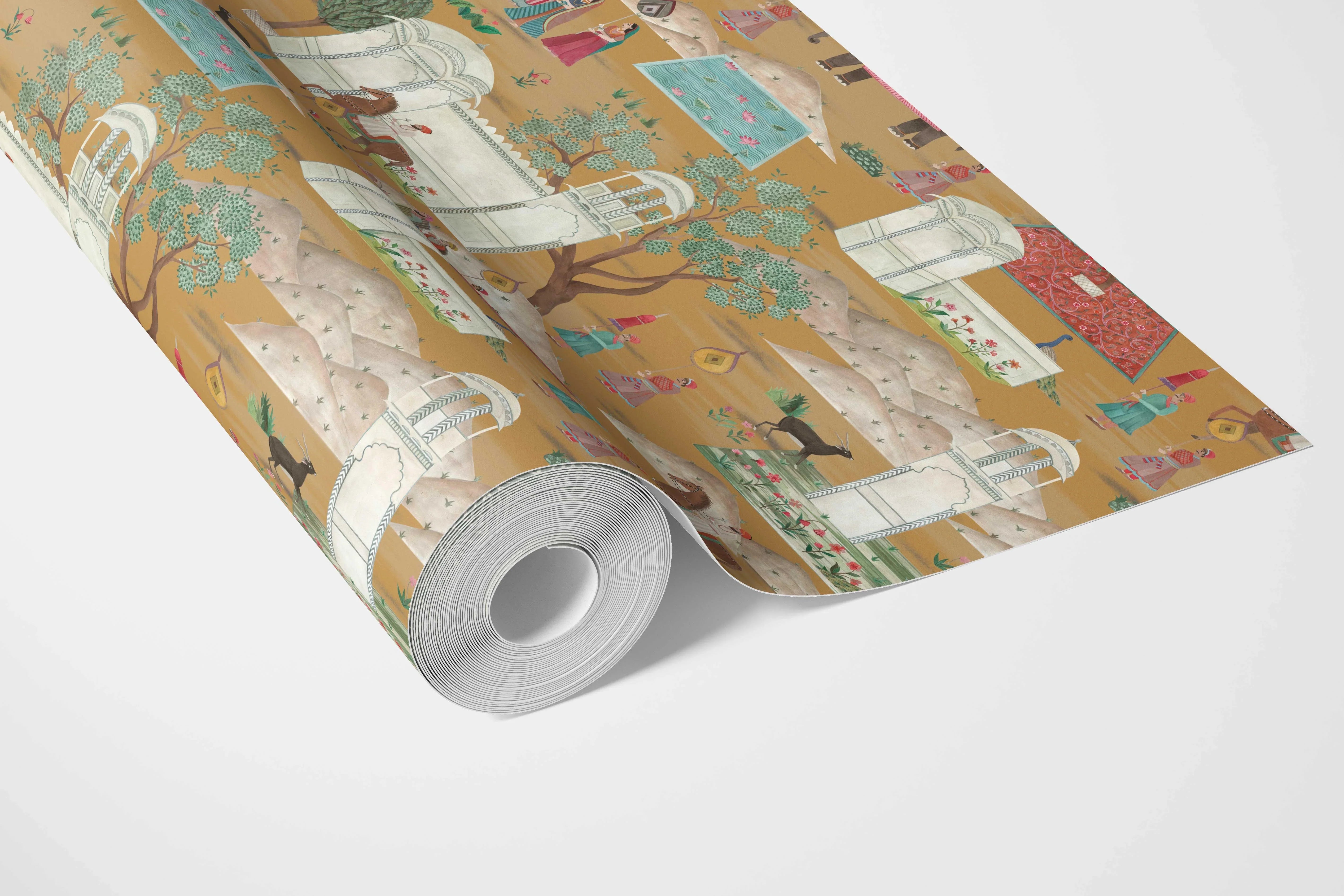Ethnic/ Heritage/ Horses & Castles Print Bathroom Wallpaper (Yellow/ Red/ Green/ Blue/ Pink)