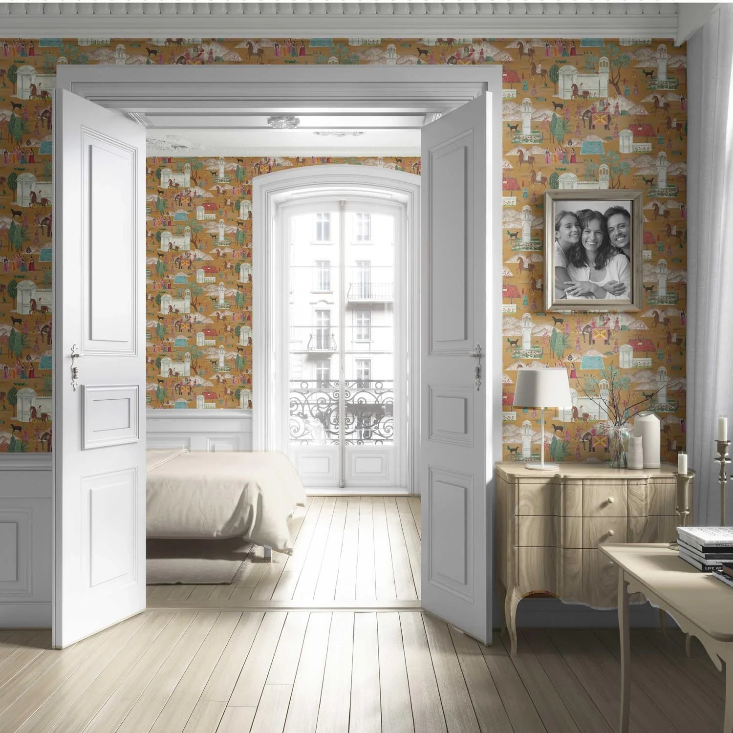 Ethnic/ Heritage/ Horses & Castles Print Living Room Wallpaper Sample (Yellow/ Red/ Green/ Blue/ Pink)