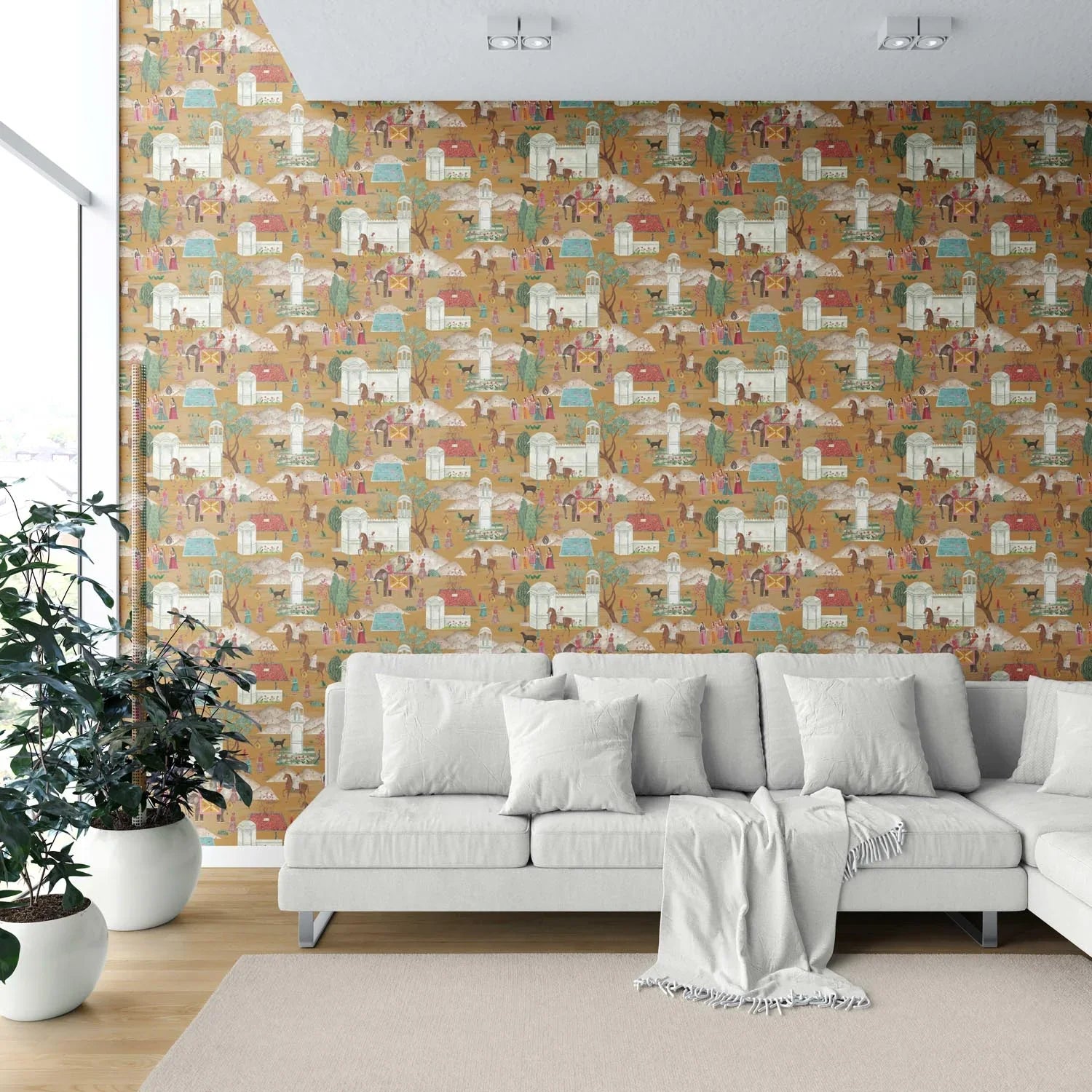 Ethnic/ Heritage/ Horses & Castles Print Shower Toilet Wallpaper Sample (Yellow/ Red/ Green/ Blue/ Pink)