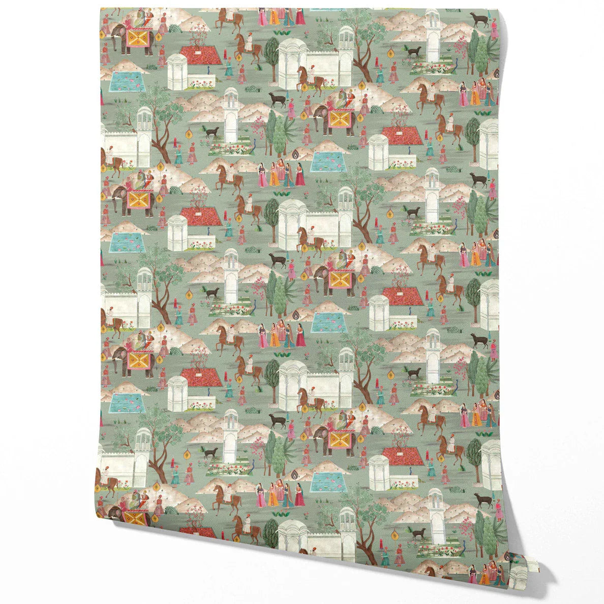 Ethnic/ Heritage/ Horses & Castles Print Traditional Wallpaper Sample (Green/ Blue/ Red/ Pink/ Yellow)