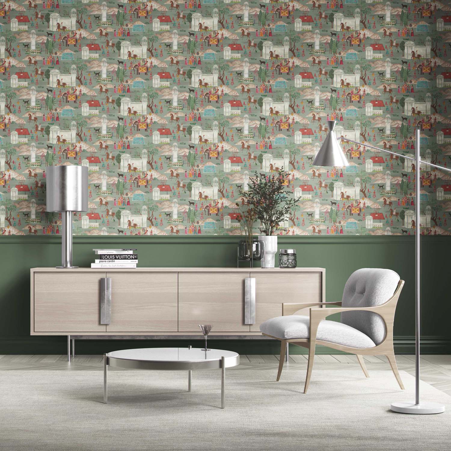 Ethnic/ Heritage/ Horses & Castles Print Kitchen Wallpaper Sample (Green/ Blue/ Red/ Pink/ Yellow)
